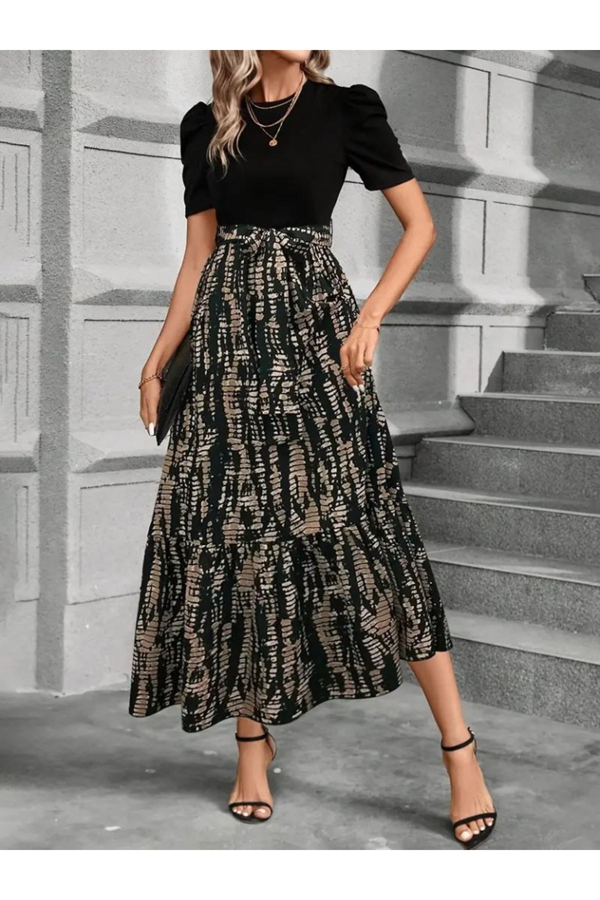 Kadın Kısa Kollu Bisiklet Yaka üst Ithal Krep Alt Süprem Maksi Boy Elbise