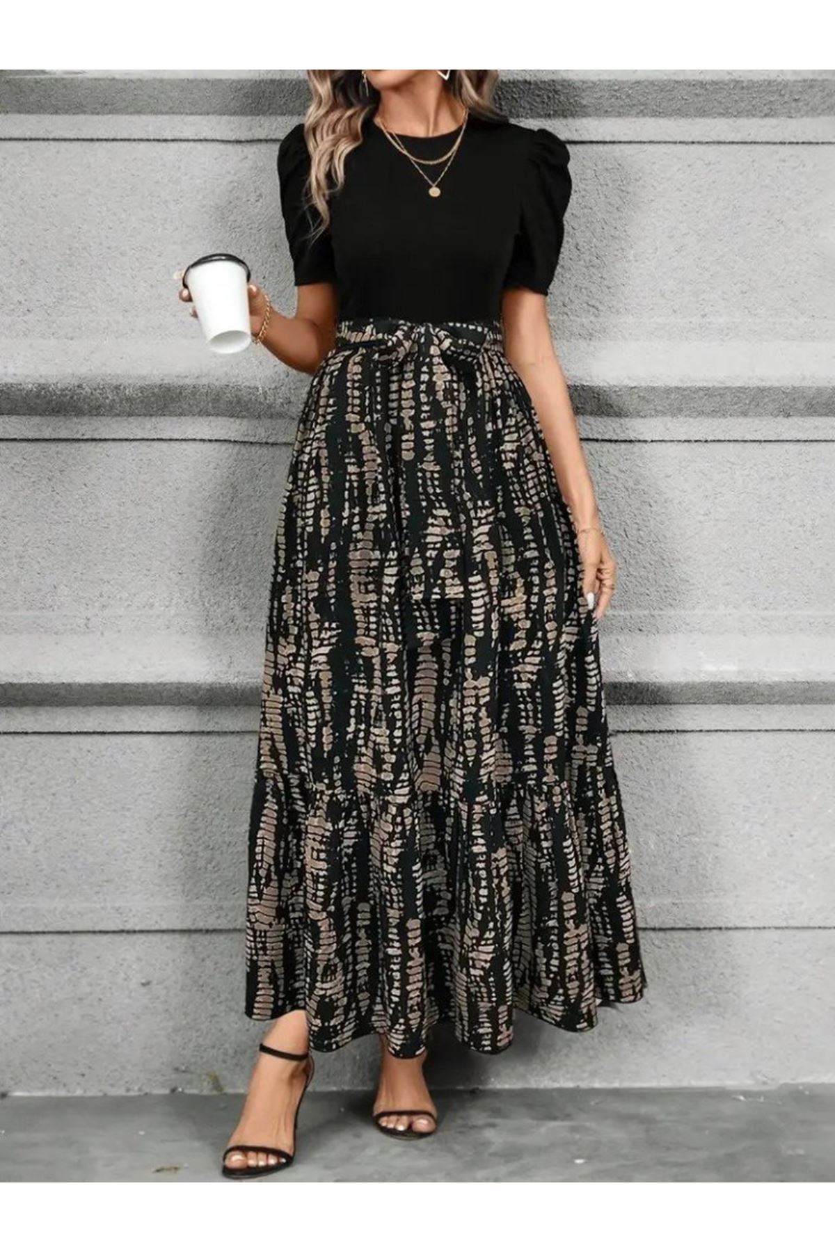 Kadın Kısa Kollu Bisiklet Yaka üst Ithal Krep Alt Süprem Maksi Boy Elbise