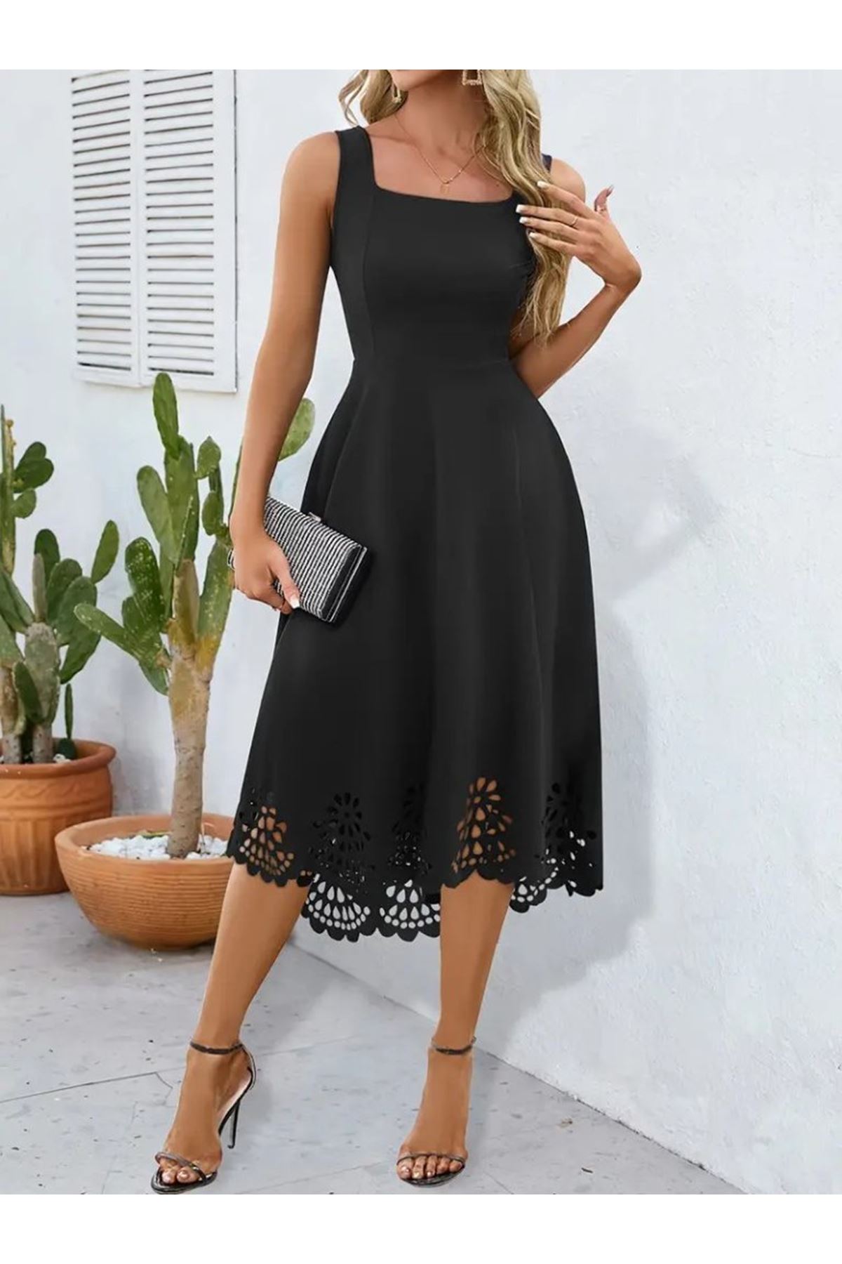 Kadın Askılı Geometrik Yaka çiçek Lazer Kesim Ithal Krep Elbise