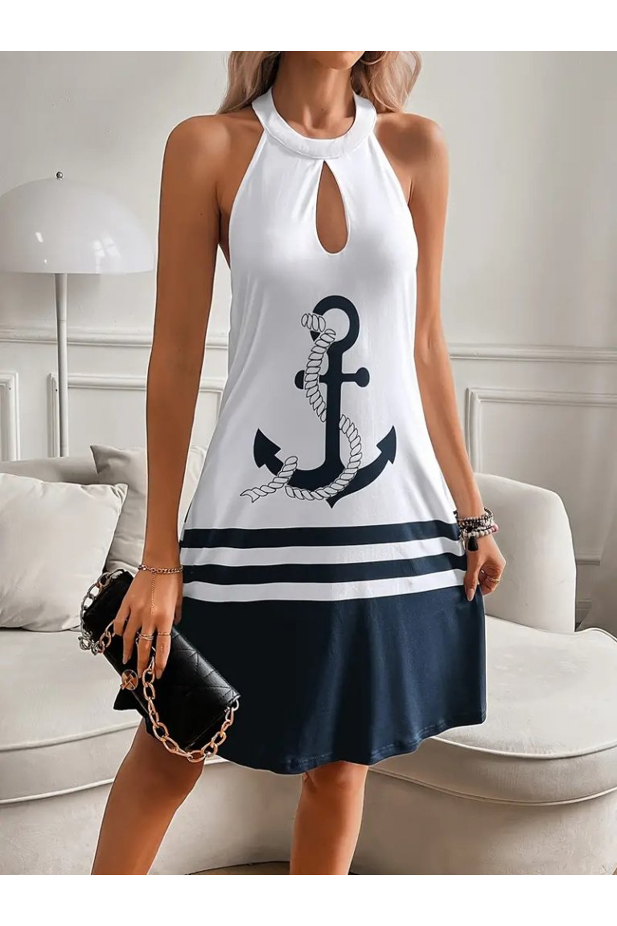 Kadın Askılı çıpa Baskılı Sırtı Açık Kısa Süprem Elbise