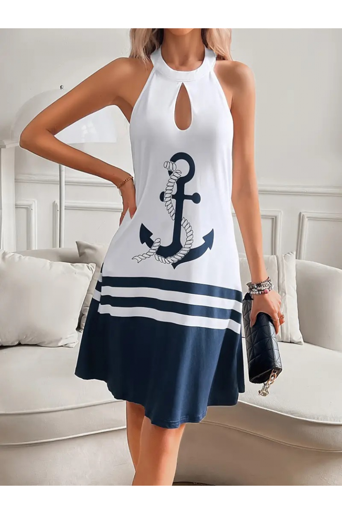 Kadın Askılı çıpa Baskılı Sırtı Açık Kısa Süprem Elbise