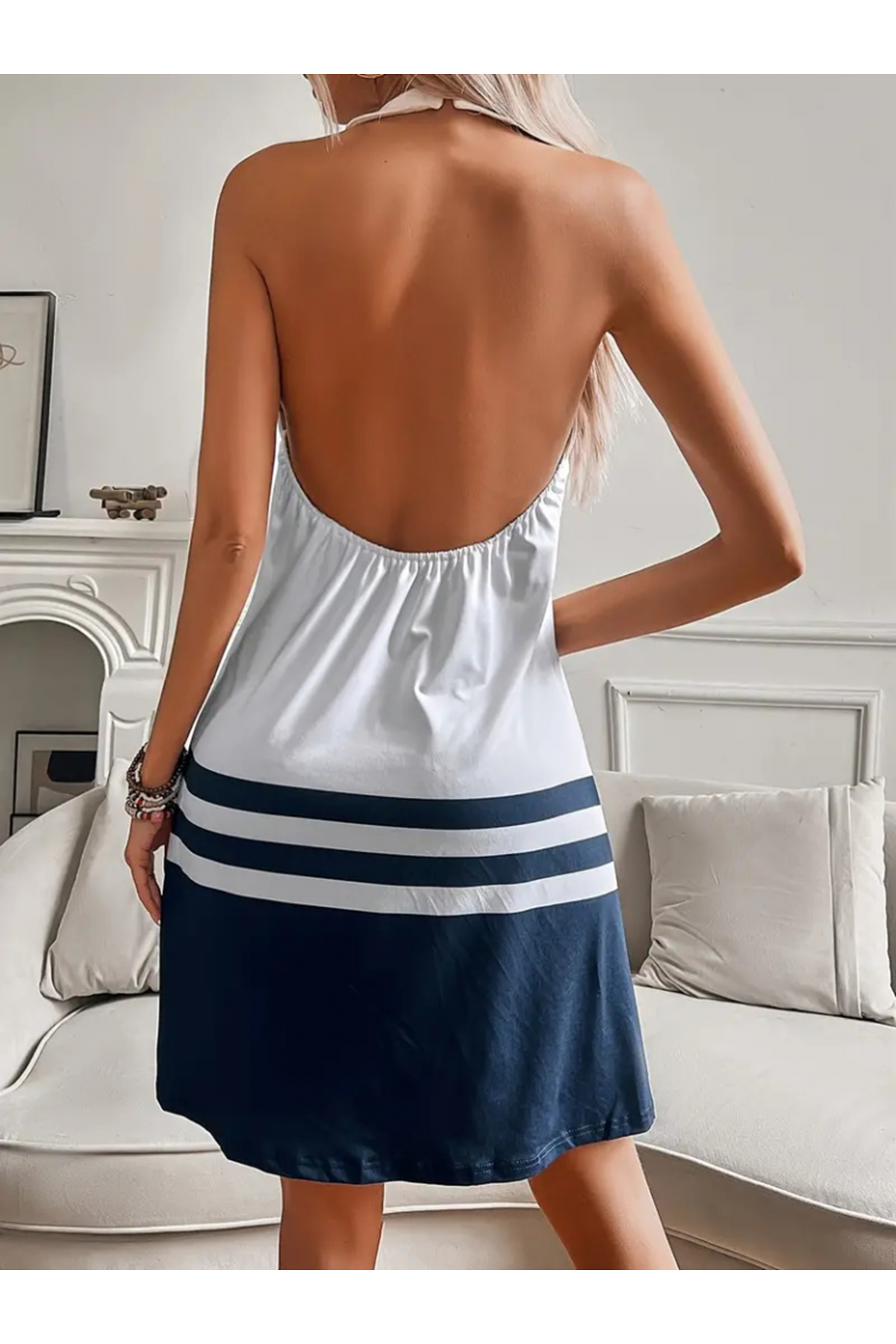 Kadın Askılı çıpa Baskılı Sırtı Açık Kısa Süprem Elbise