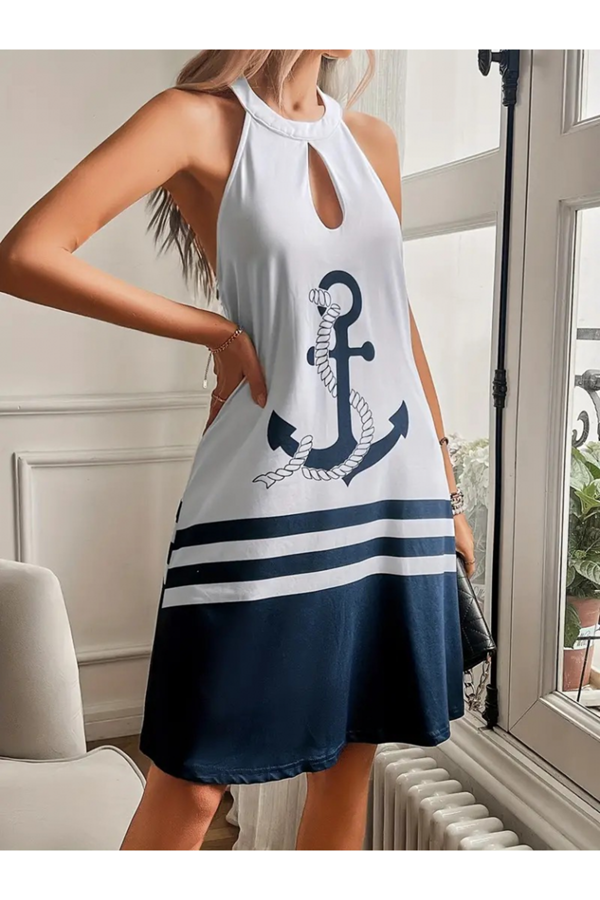 Kadın Askılı çıpa Baskılı Sırtı Açık Kısa Süprem Elbise