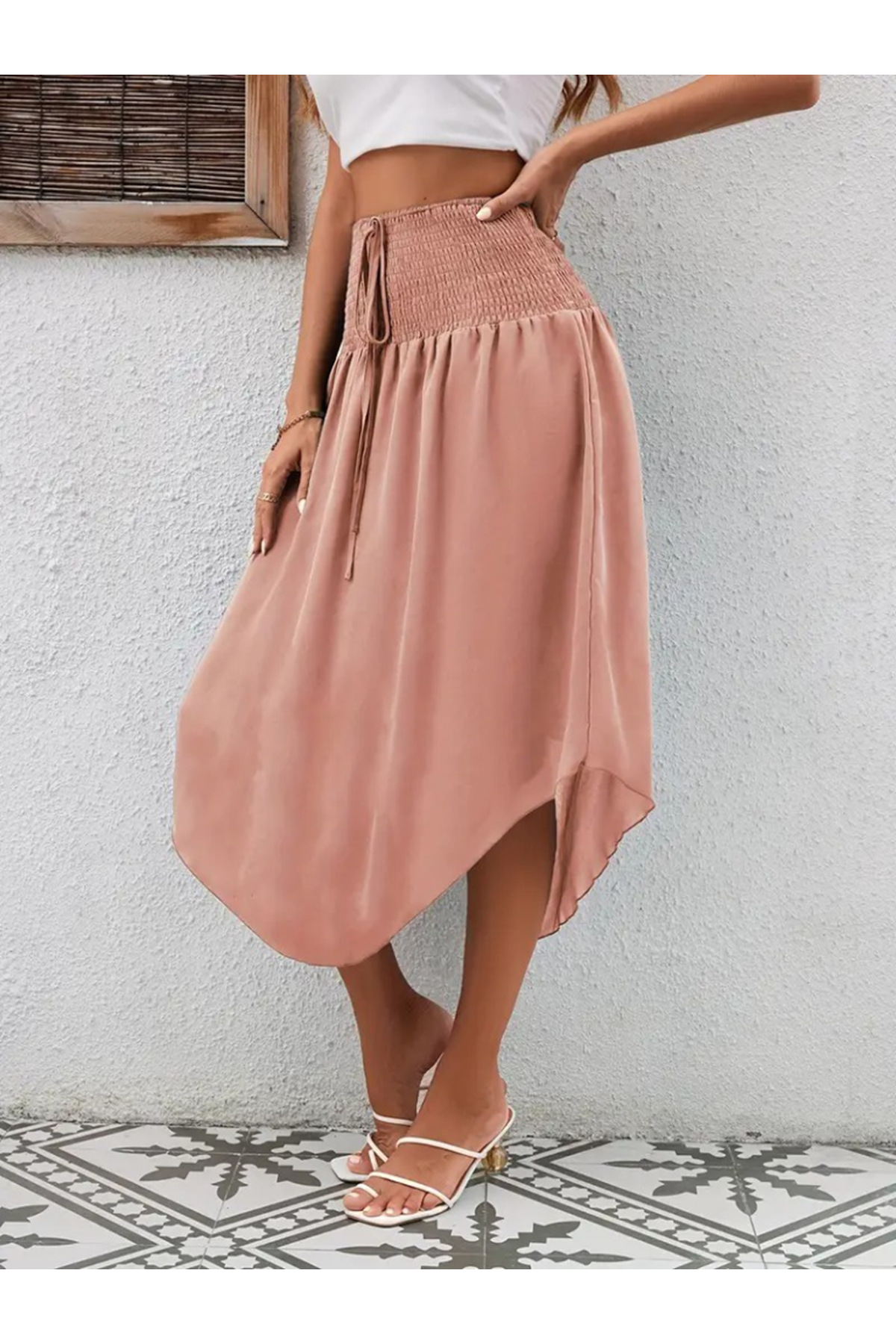 Kadın Yüksek Bel Belden Bağlamalı Asimetrik Kesim Detaylı Sandy Etek