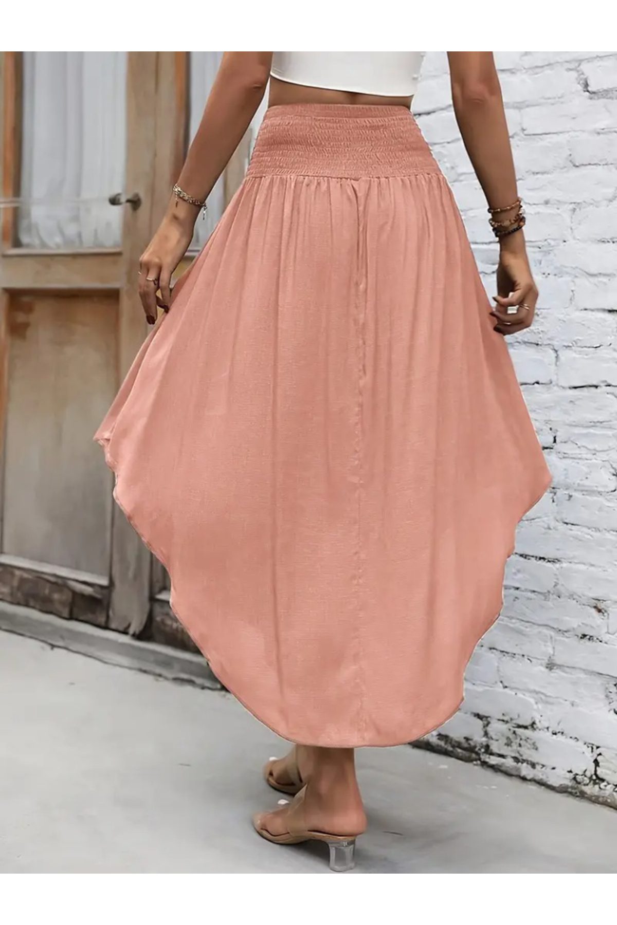 Kadın Yüksek Bel Belden Bağlamalı Asimetrik Kesim Detaylı Sandy Etek