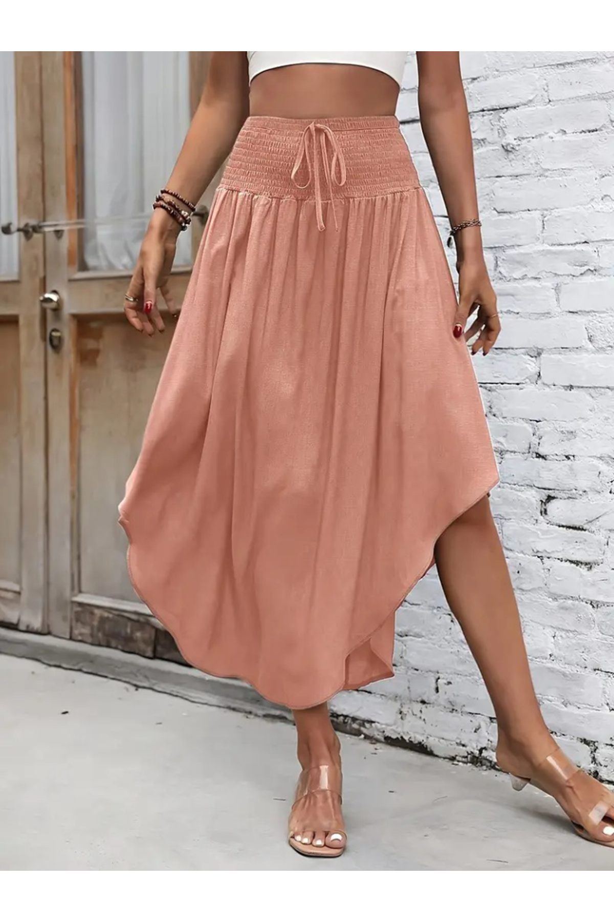 Kadın Yüksek Bel Belden Bağlamalı Asimetrik Kesim Detaylı Sandy Etek