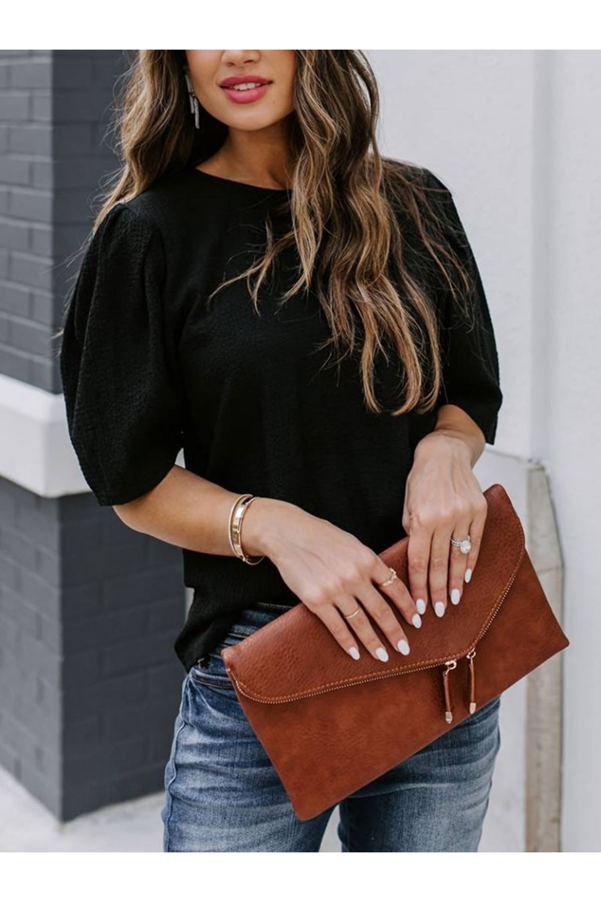 Kadın Kısa Kollu Pileli Balon Kol Bürümcük Bluz