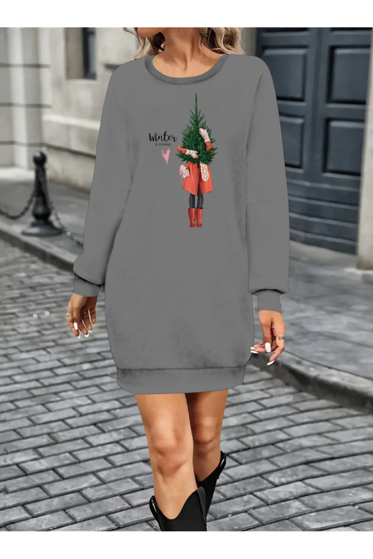 Kadın Uzun Kollu Bisiklet Yaka Desenli Kısa Viskon Iki Iplik Elbise