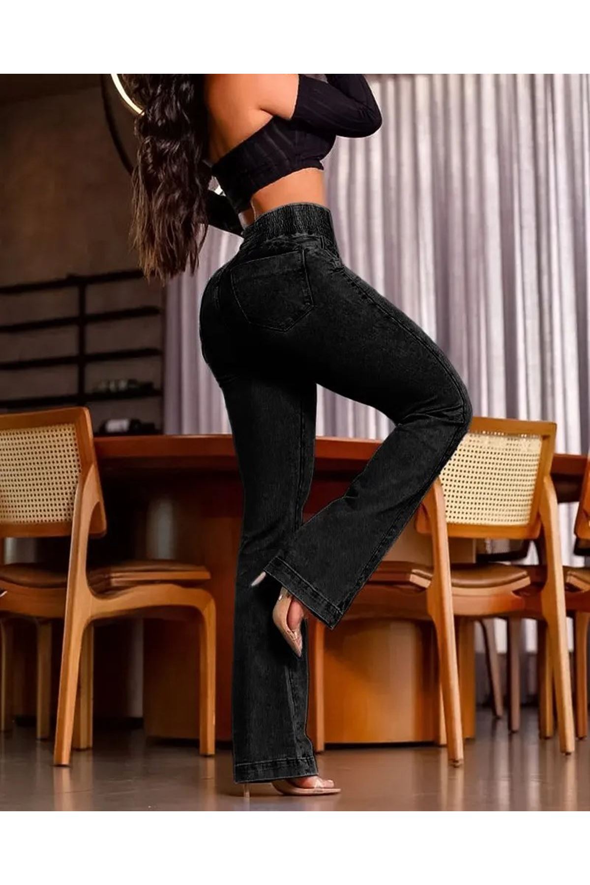 Kadın Yüksek Bel Yanları Lastik önü Düğmeli Kot Pantolon