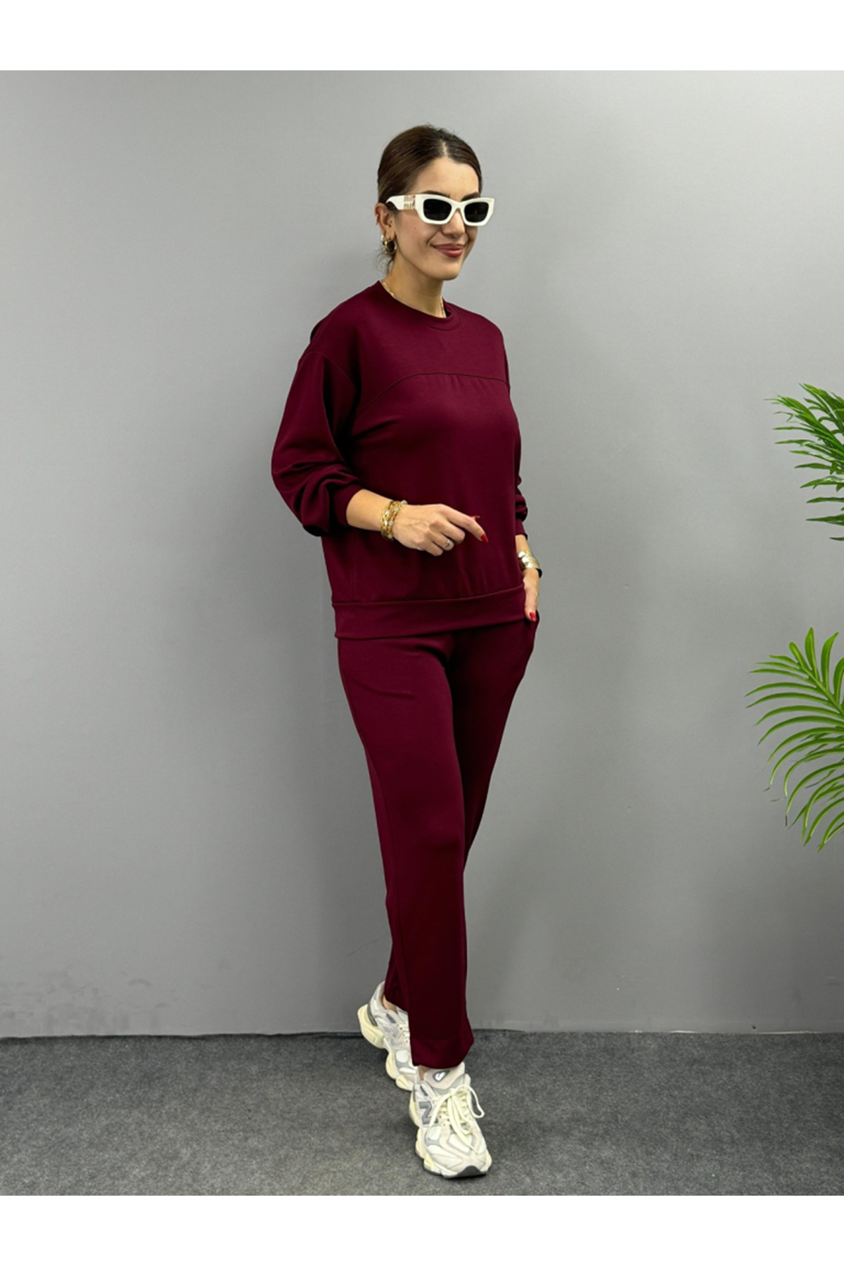 Kadın Uzun Kollu Bisiklet Yaka Viskon Iki Iplik Bluz Ve Pantolon Ikili Takım