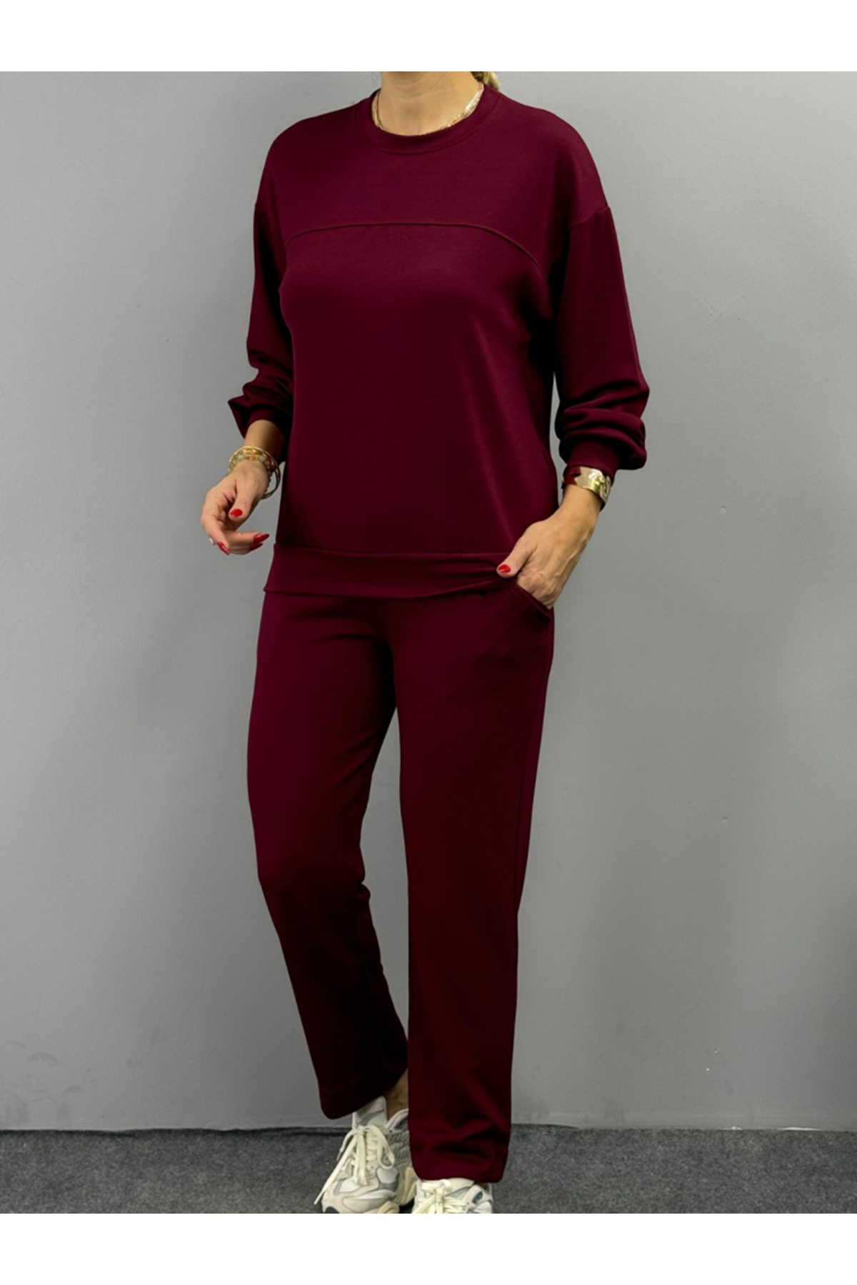 Kadın Uzun Kollu Bisiklet Yaka Viskon Iki Iplik Bluz Ve Pantolon Ikili Takım