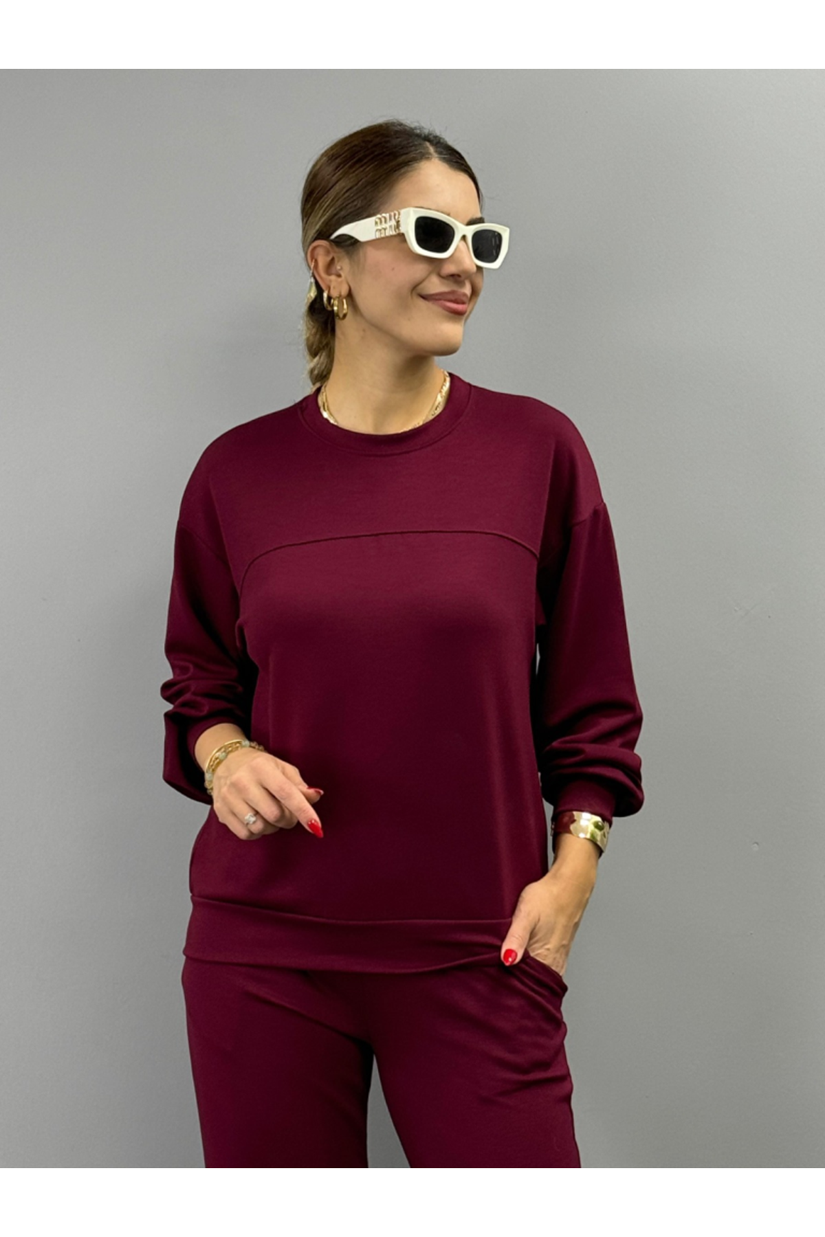 Kadın Uzun Kollu Bisiklet Yaka Viskon Iki Iplik Bluz Ve Pantolon Ikili Takım