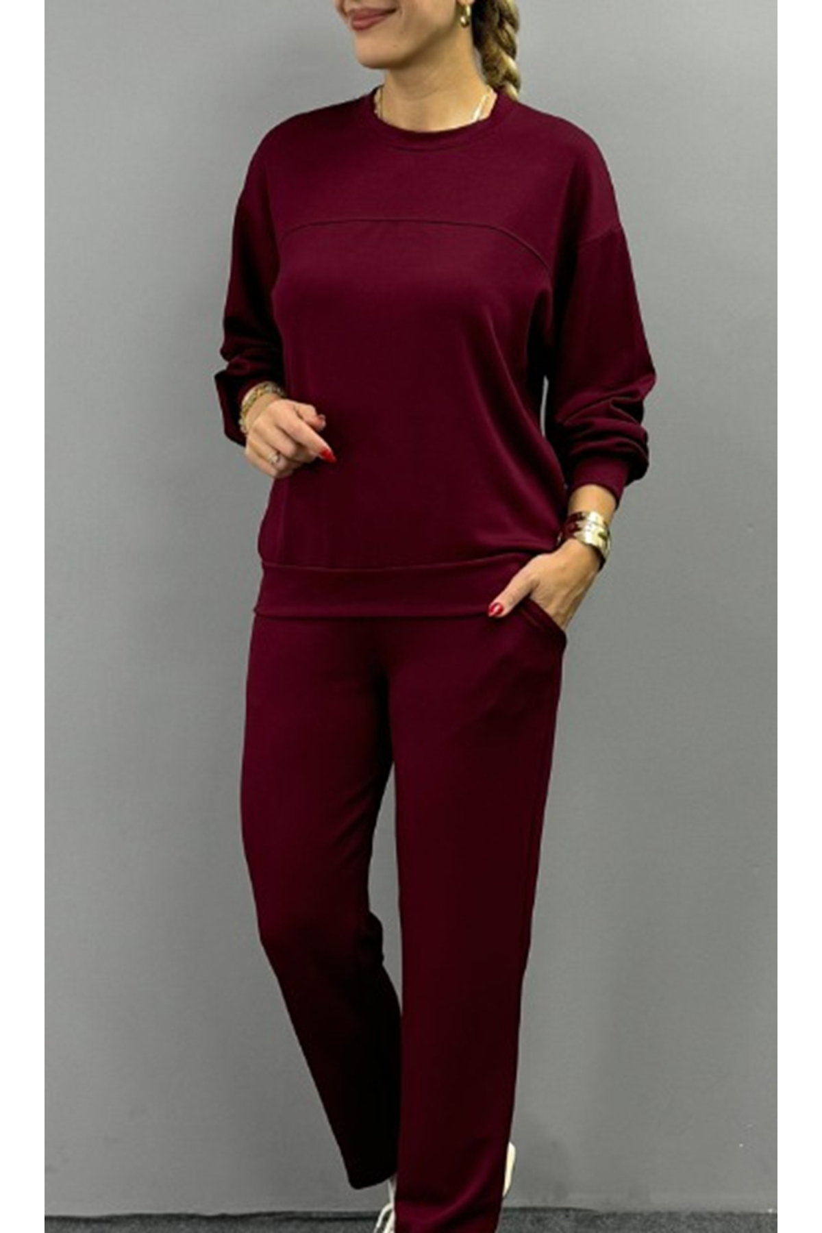 Kadın Uzun Kollu Bisiklet Yaka Viskon Iki Iplik Bluz Ve Pantolon Ikili Takım