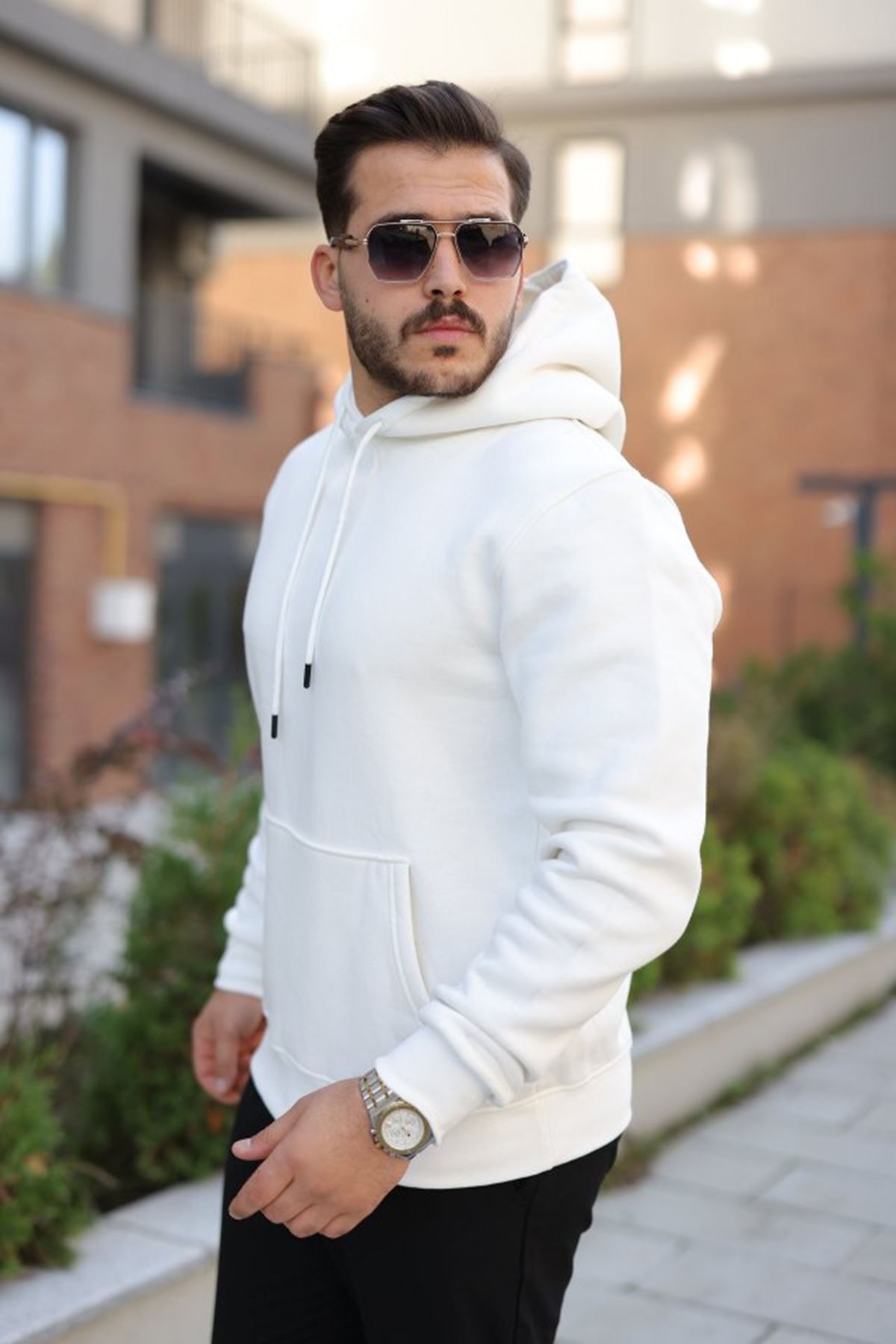 Erkek Kapüşonlu Üç İplik Şardonlu Hoodie