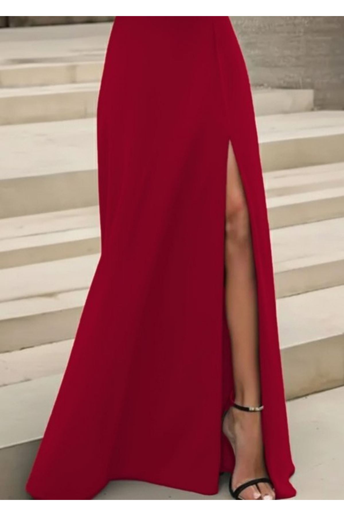 Kadın Uzun Kollu Madonna Yakalı Yırtmaç Detaylı Uzun Ithal Krep Elbise