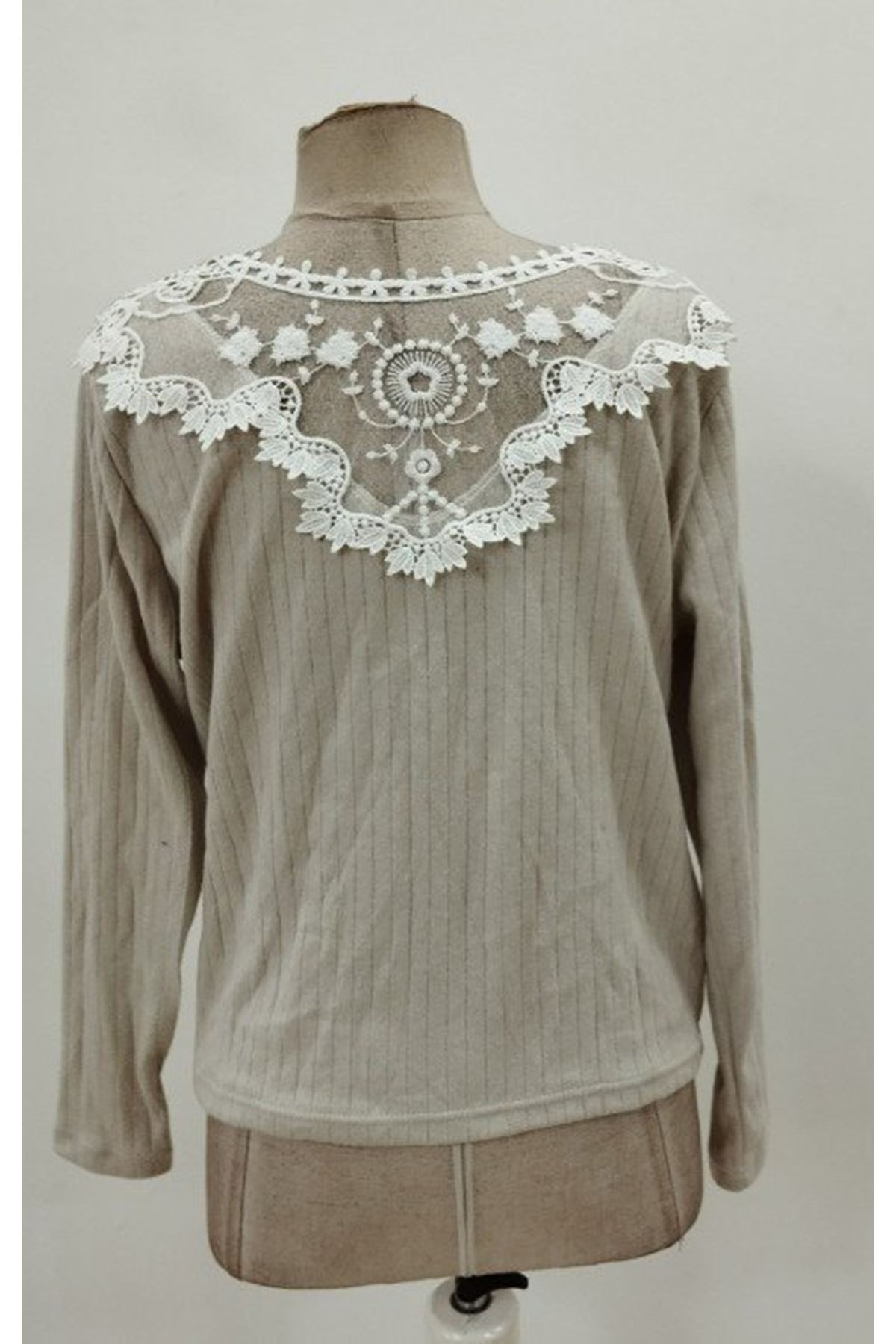 Kadın Uzun Kollu V Yakalı Arkadan Dantel Detaylı şardonlu Kaşkorse Bluz