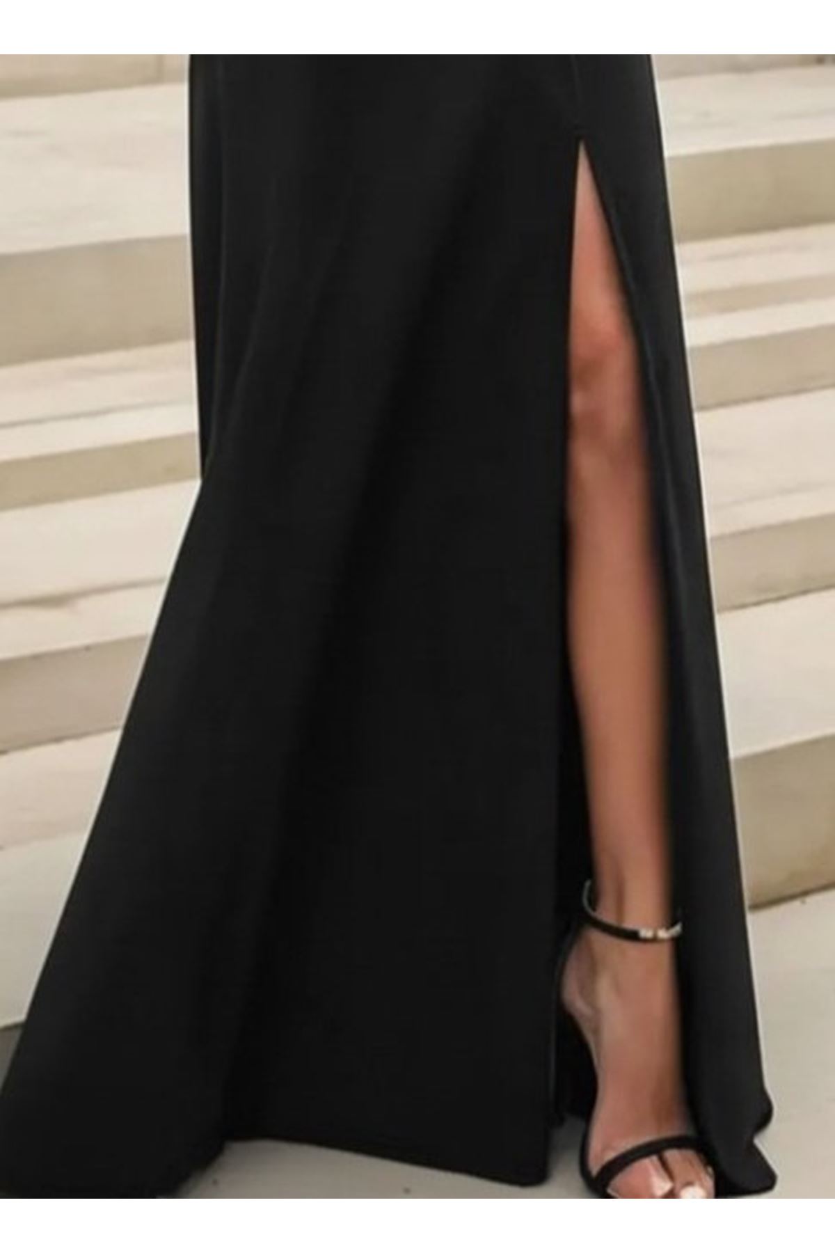 Kadın Uzun Kollu Madonna Yakalı Yırtmaç Detaylı Uzun Ithal Krep Elbise