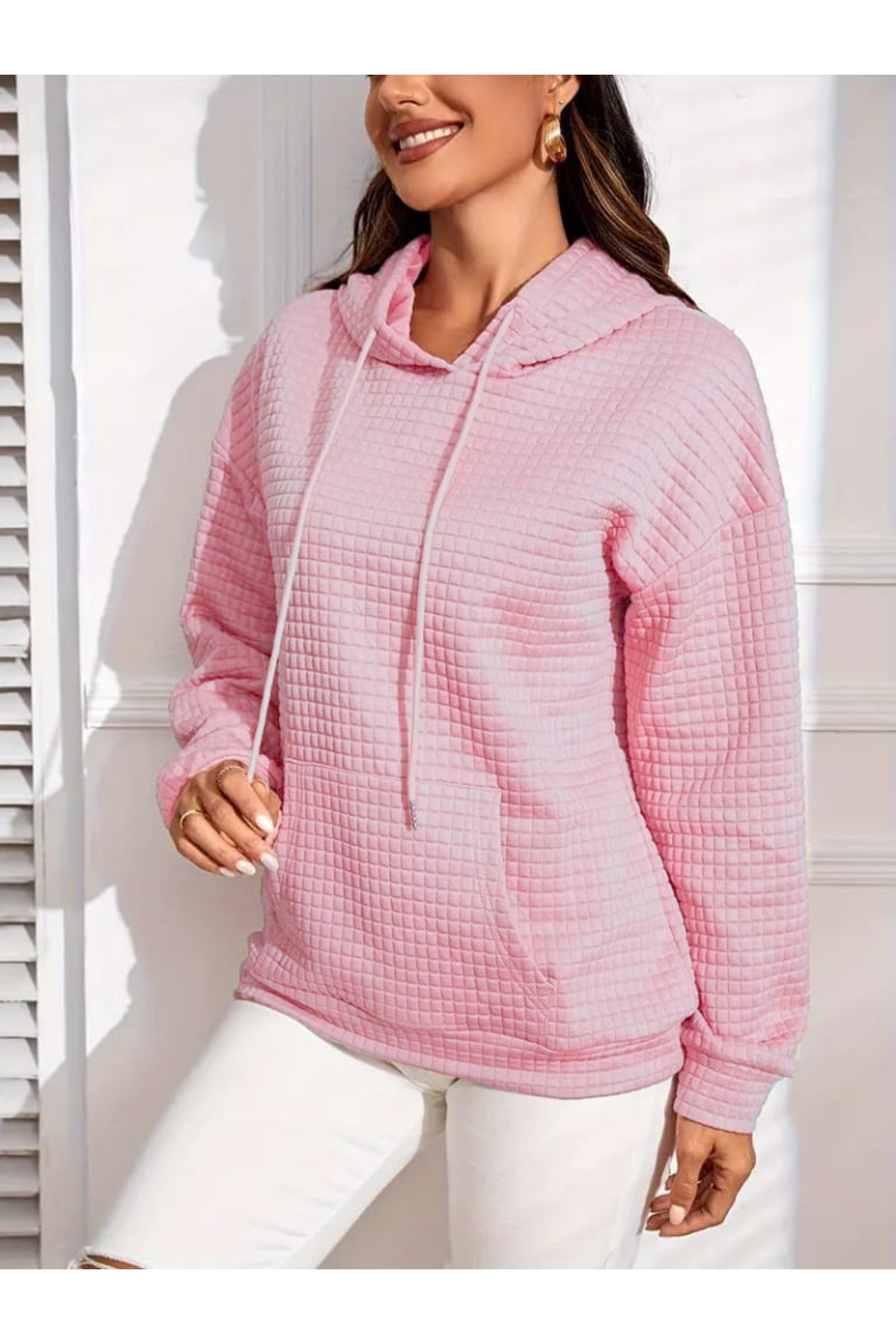 Kadın Uzun Kollu Kapşonlu Bağcıklı Cepli Capitone Sweatshirt