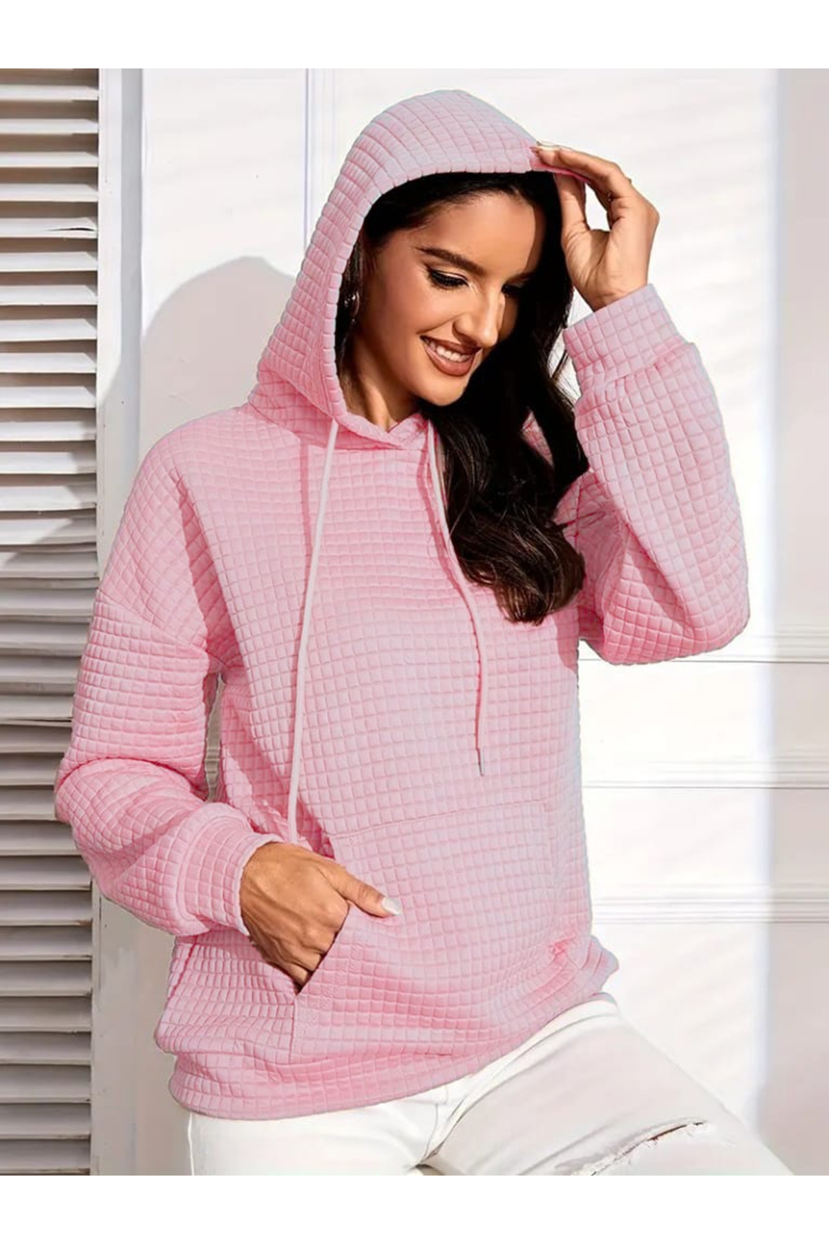 Kadın Uzun Kollu Kapşonlu Bağcıklı Cepli Capitone Sweatshirt