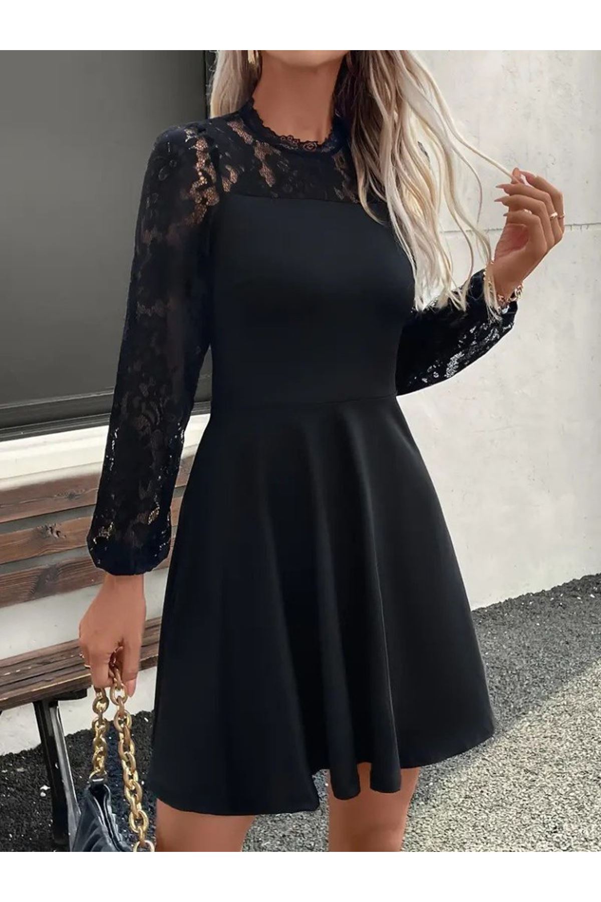 Kadın Uzun Kollu Dantelli Kloş Mini Ithal Krep Elbise