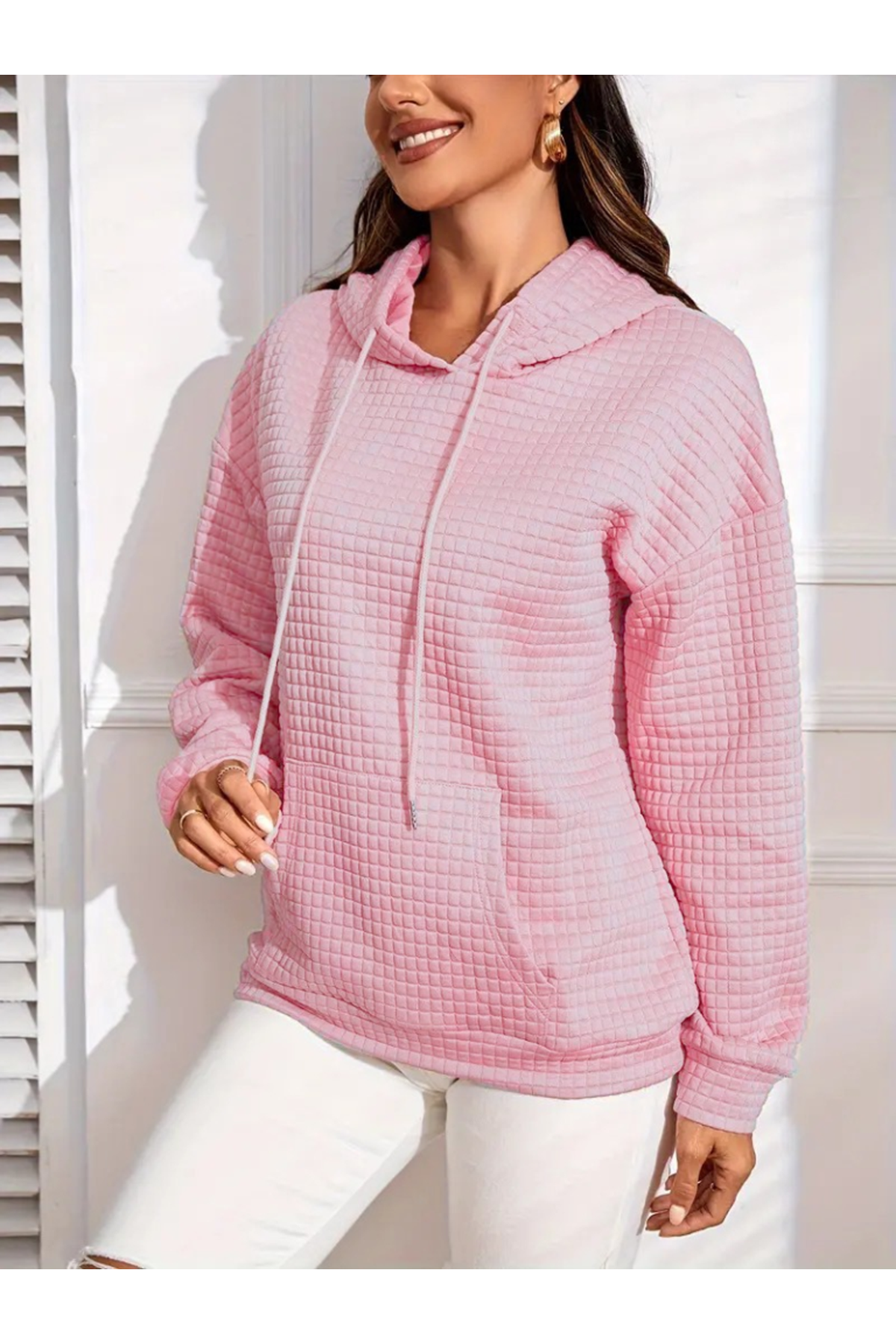 Kadın Uzun Kollu Kapşonlu Bağcıklı Cepli Capitone Sweatshirt