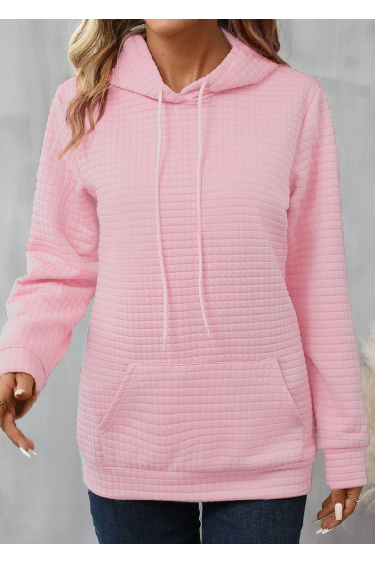 Kadın Uzun Kollu Kapşonlu Bağcıklı Cepli Capitone Sweatshirt