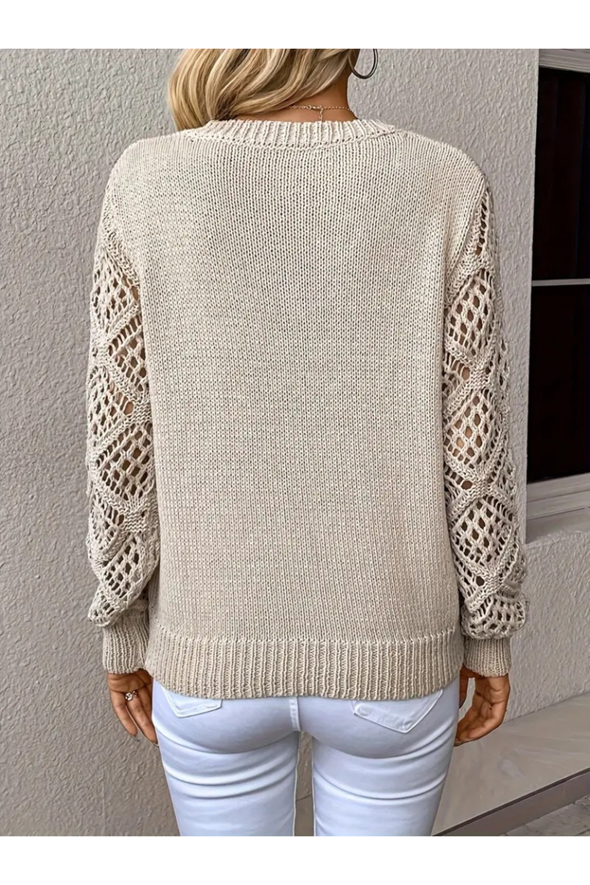 Kadın Uzun Kollu V Yaka Kol Delikli Baklava Desen Detaylı Triko Kazak