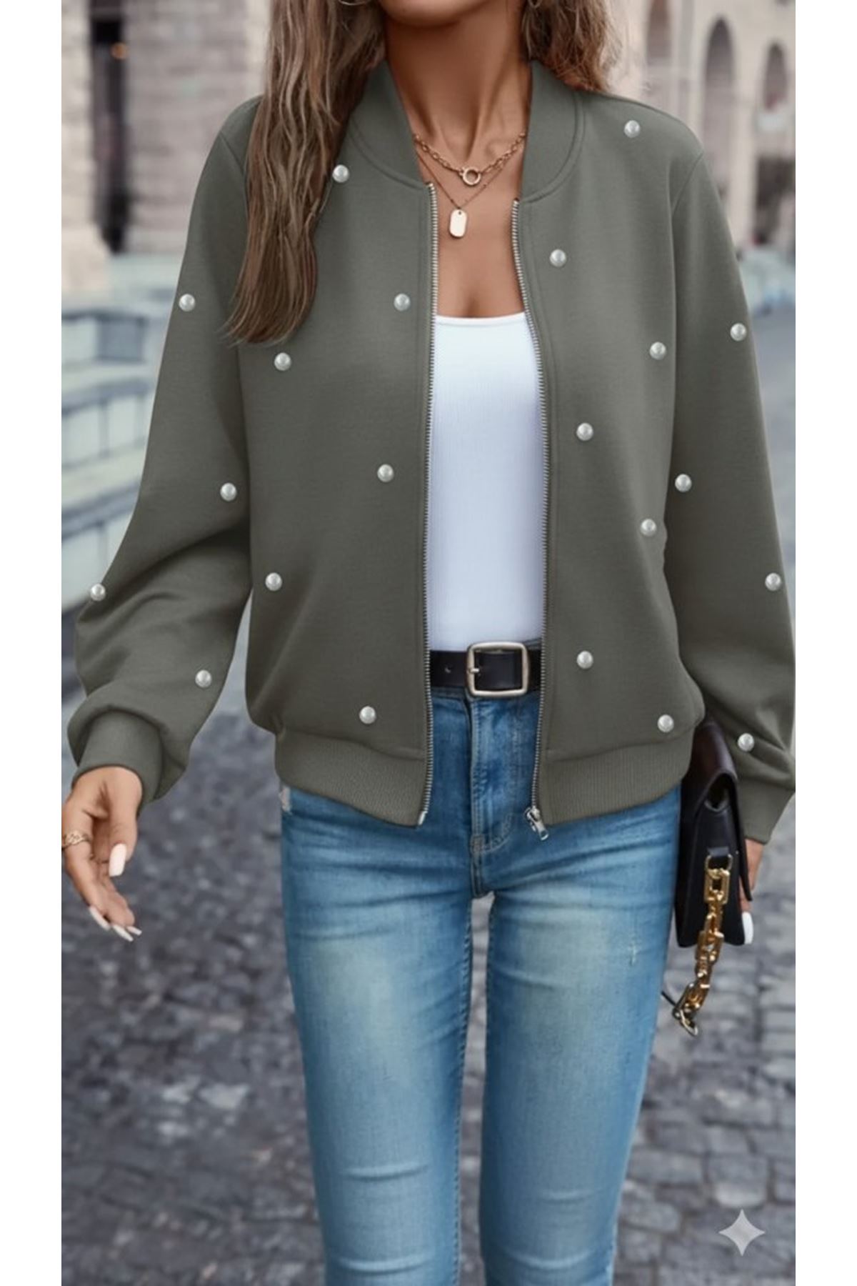 Kadın Uzun Kollu önden Fermuarlı Incili Kısa Modal Ceket