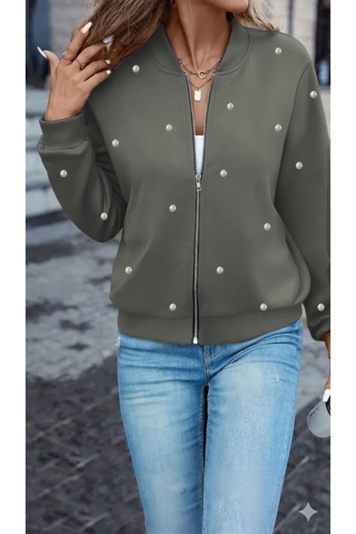 Kadın Uzun Kollu önden Fermuarlı Incili Kısa Modal Ceket