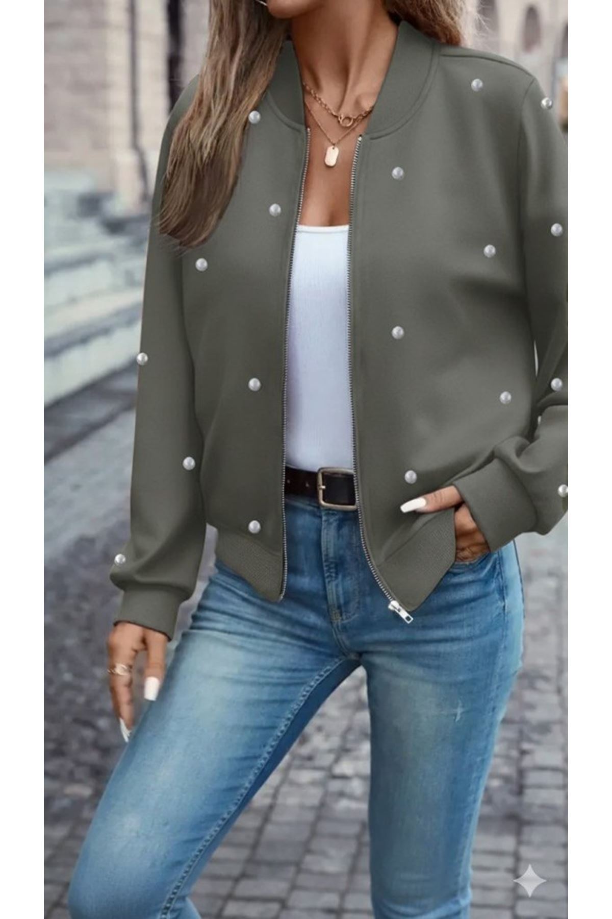 Kadın Uzun Kollu önden Fermuarlı Incili Kısa Modal Ceket