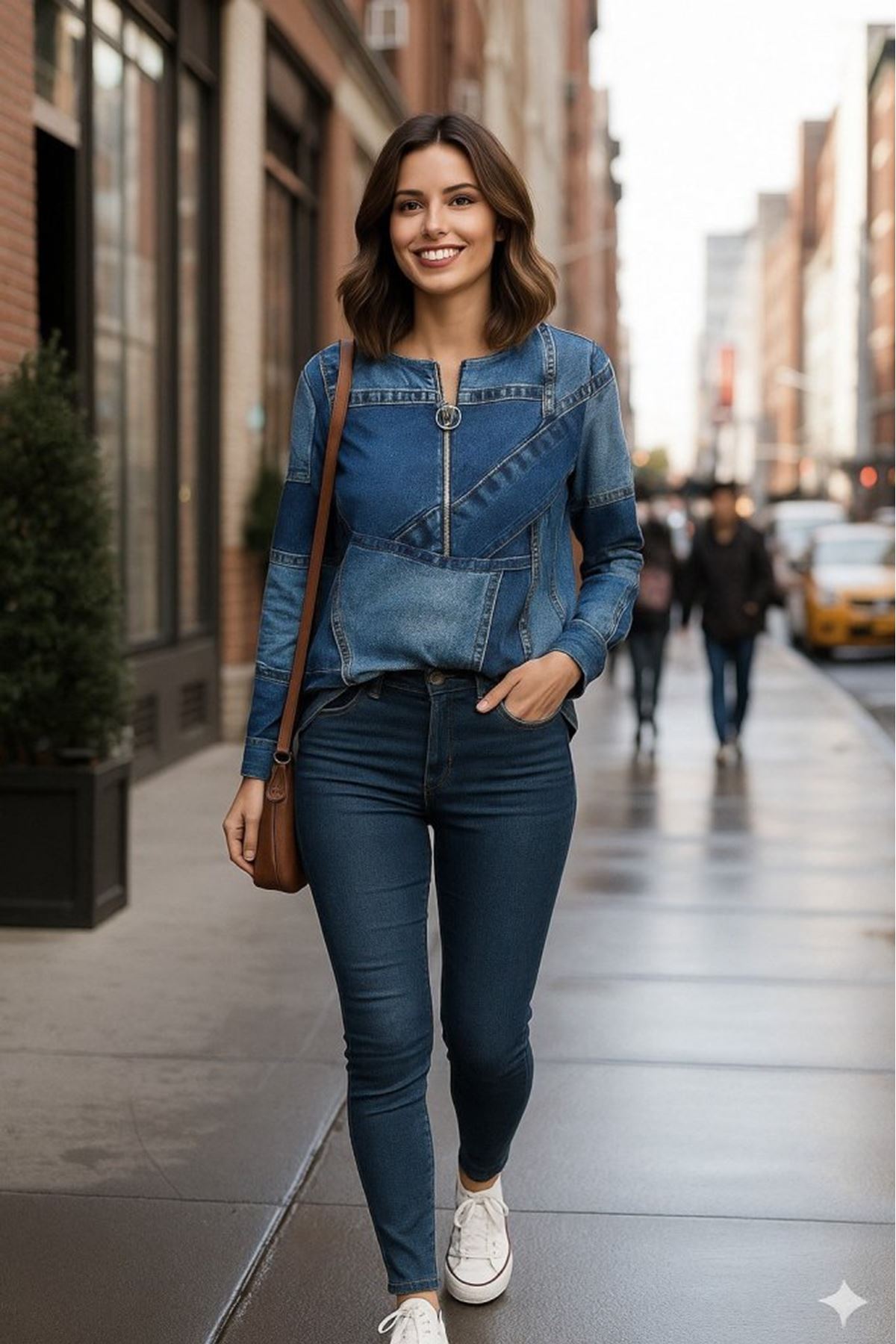 Kadın Uzun Kollu Yakadan Fermuarlı Kot Görünüm Desenli Uzun Modal Bluz