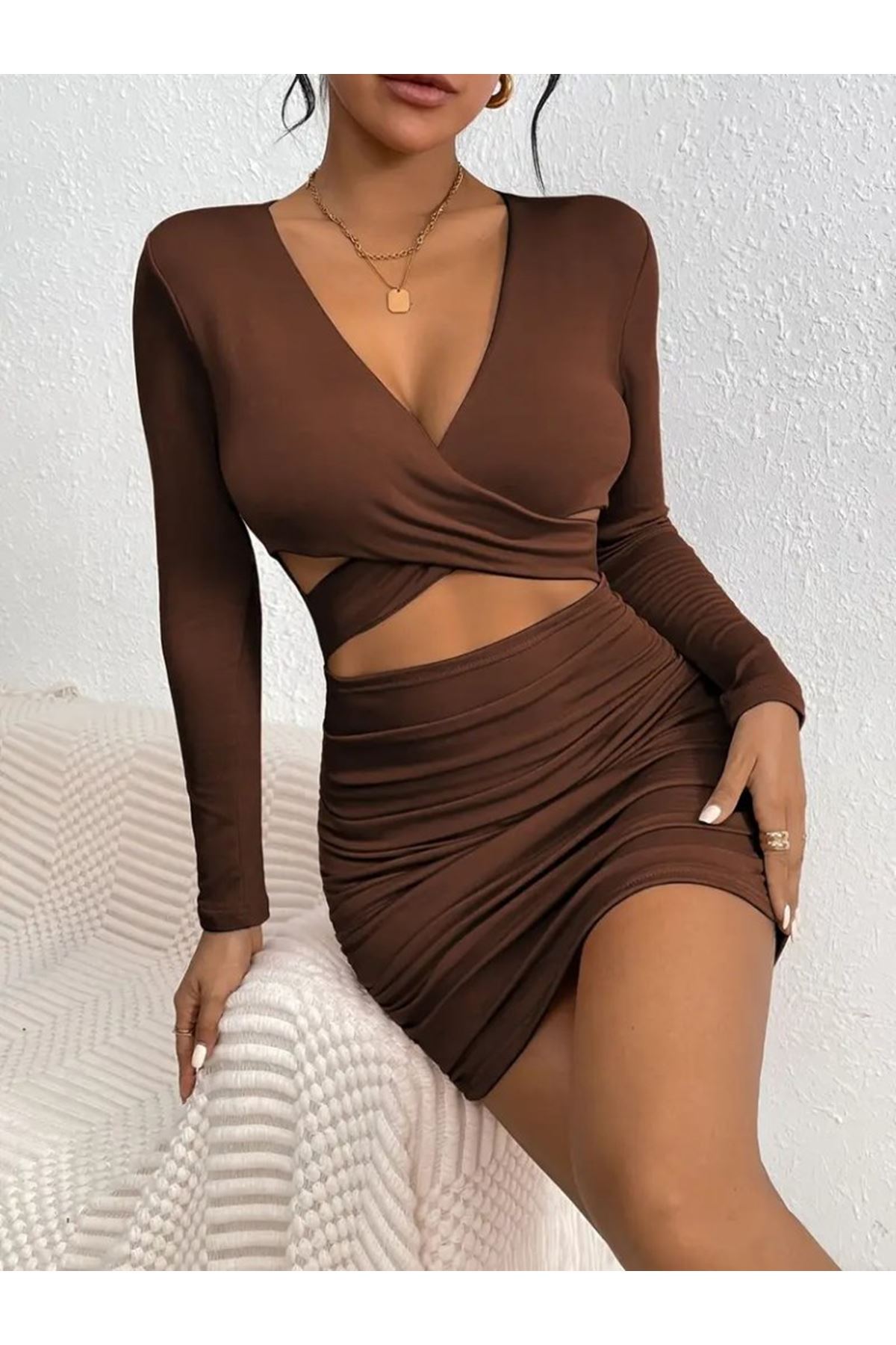 Kadın Uzun Kollu çapraz Dekolte Detaylı Mini Sandy Elbise