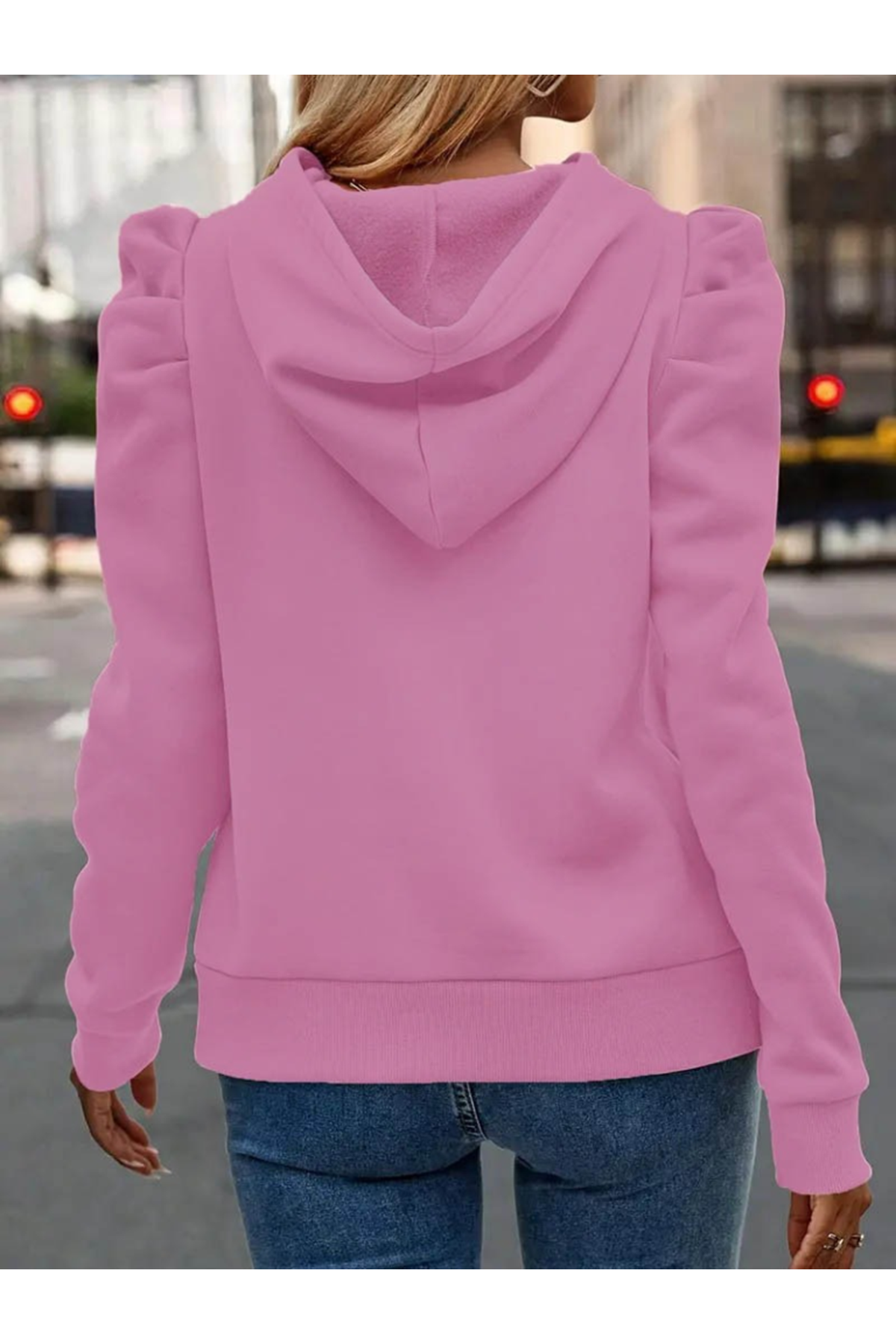 Kadın Uzun Kollu Kapşonlu Bağcıklı Kollarda Büzgü Detaylı Iki Iplik Bluz