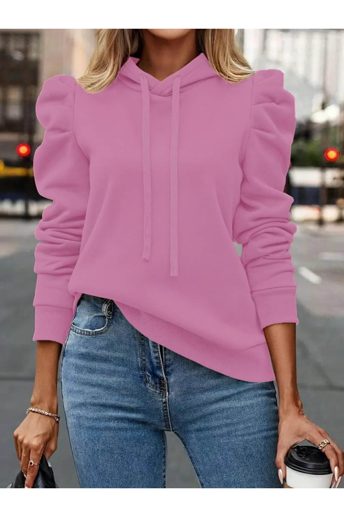 Kadın Uzun Kollu Kapşonlu Bağcıklı Kollarda Büzgü Detaylı Iki Iplik Bluz