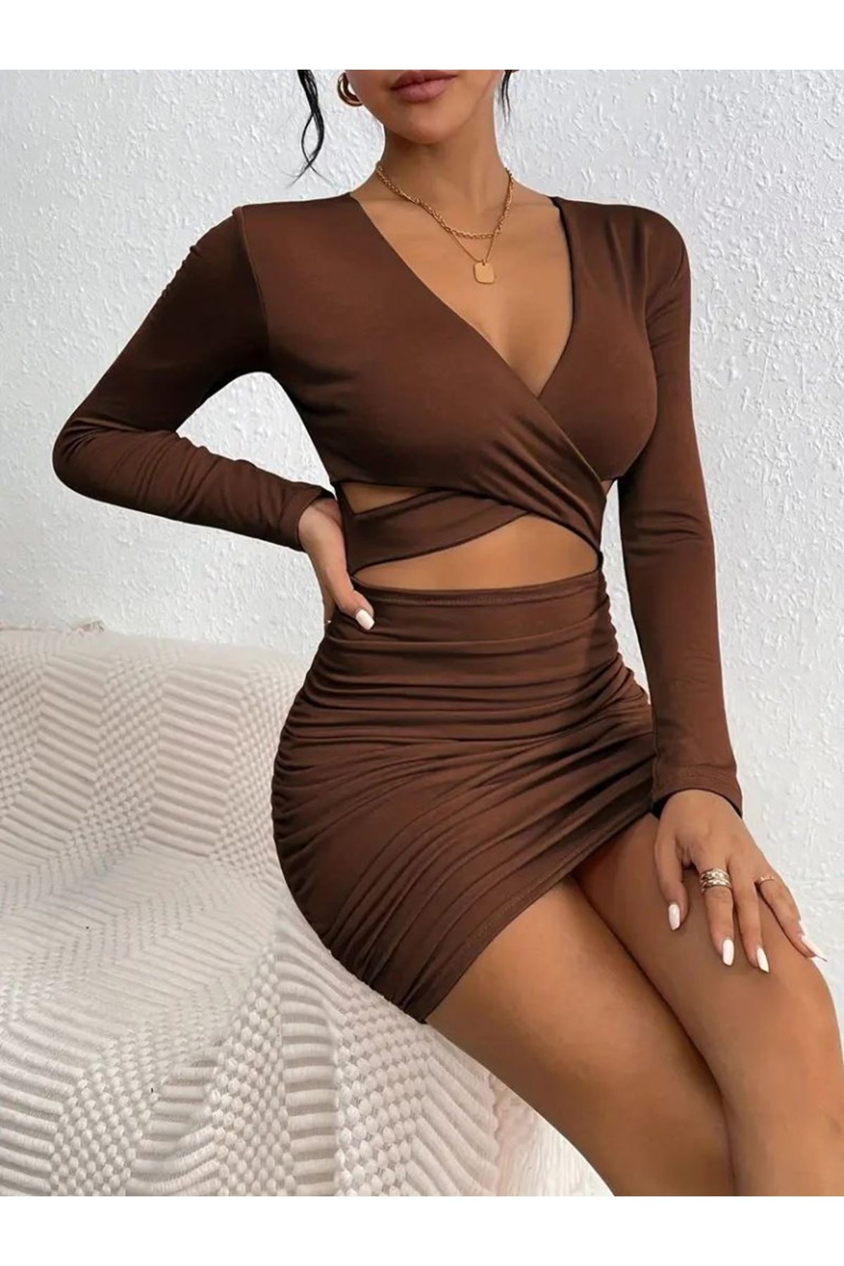 Kadın Uzun Kollu çapraz Dekolte Detaylı Mini Sandy Elbise