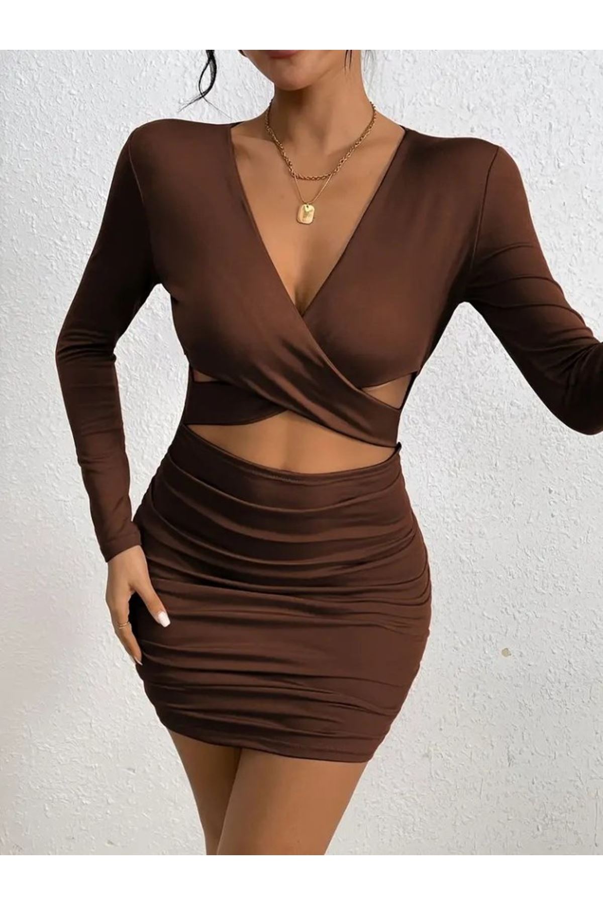 Kadın Uzun Kollu çapraz Dekolte Detaylı Mini Sandy Elbise