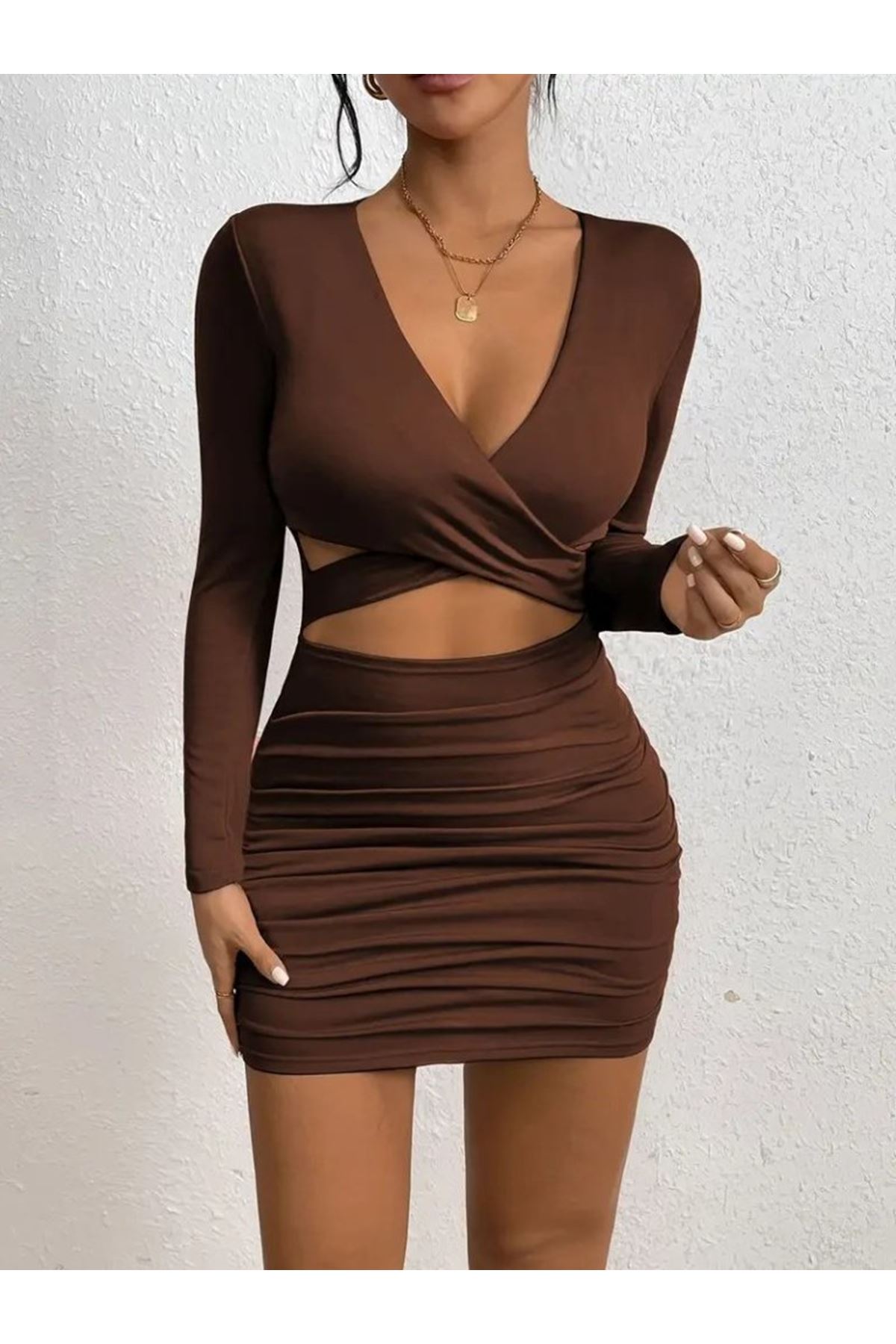 Kadın Uzun Kollu çapraz Dekolte Detaylı Mini Sandy Elbise