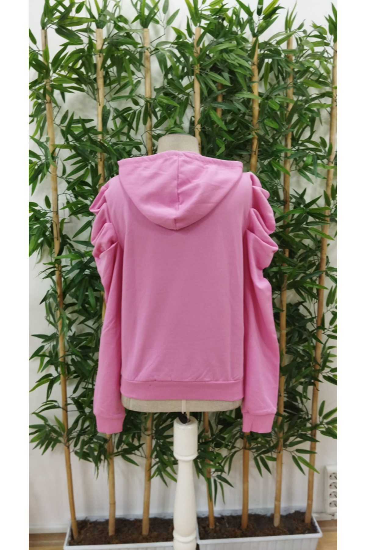 Kadın Uzun Kollu Kapşonlu Bağcıklı Kollarda Büzgü Detaylı Iki Iplik Bluz