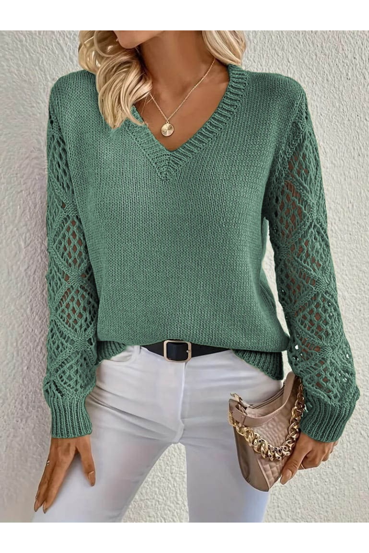Kadın Uzun Kollu V Yaka Kol Delikli Baklava Desen Detaylı Triko Kazak