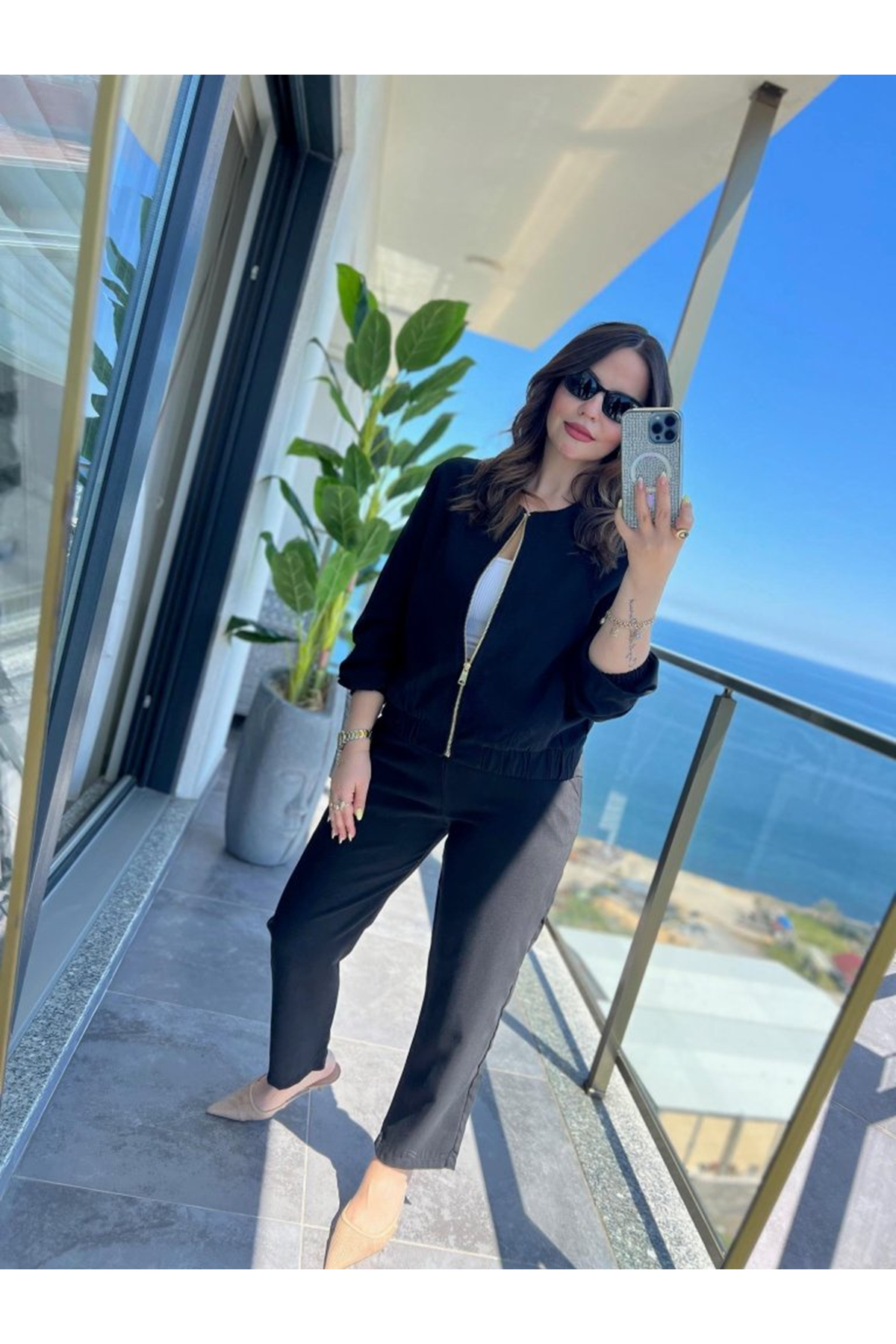 Kadın Uzun Kollu önden Fermuarlı Modal Ceket Ve Pantolon Ikili Takım