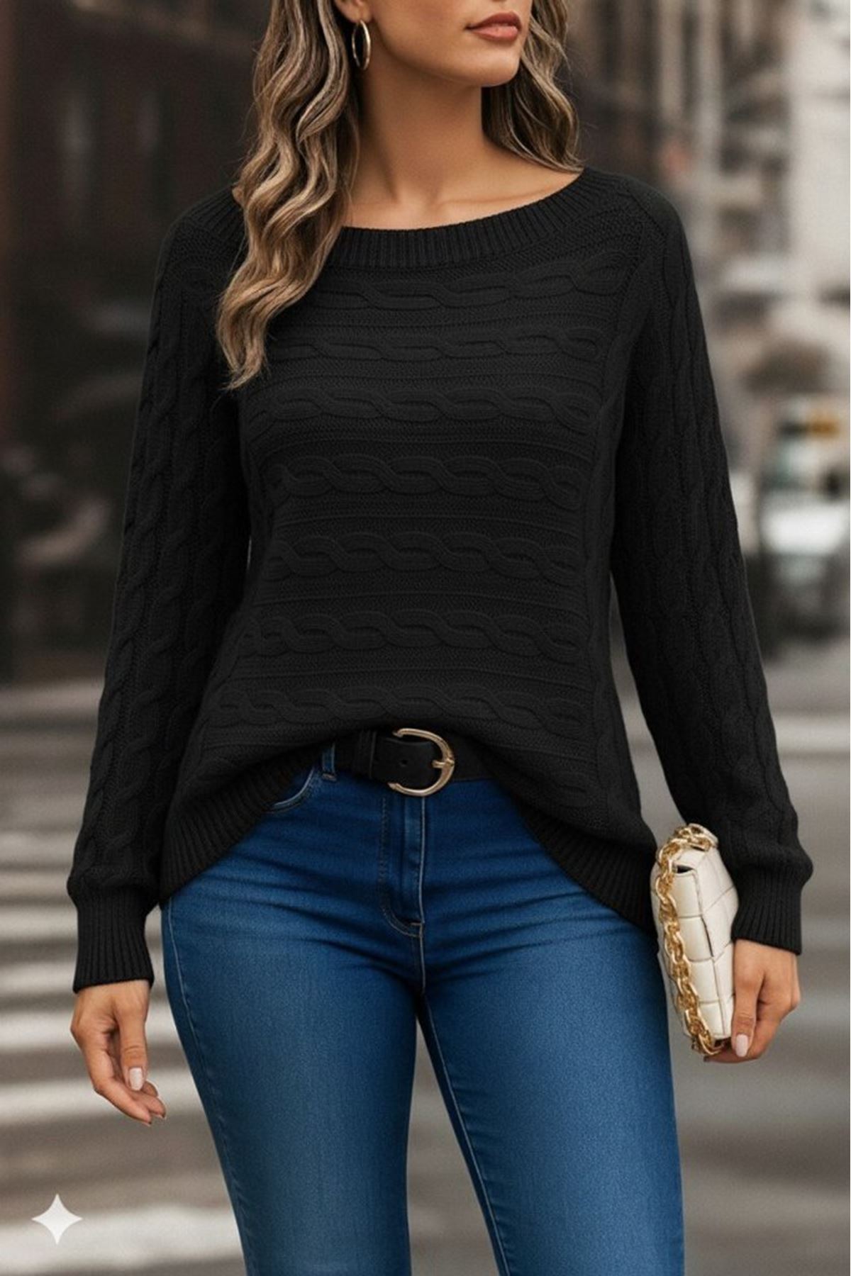 Kadın Uzun Kollu Bisiklet Yaka Geometrik Desenli Triko Bluz