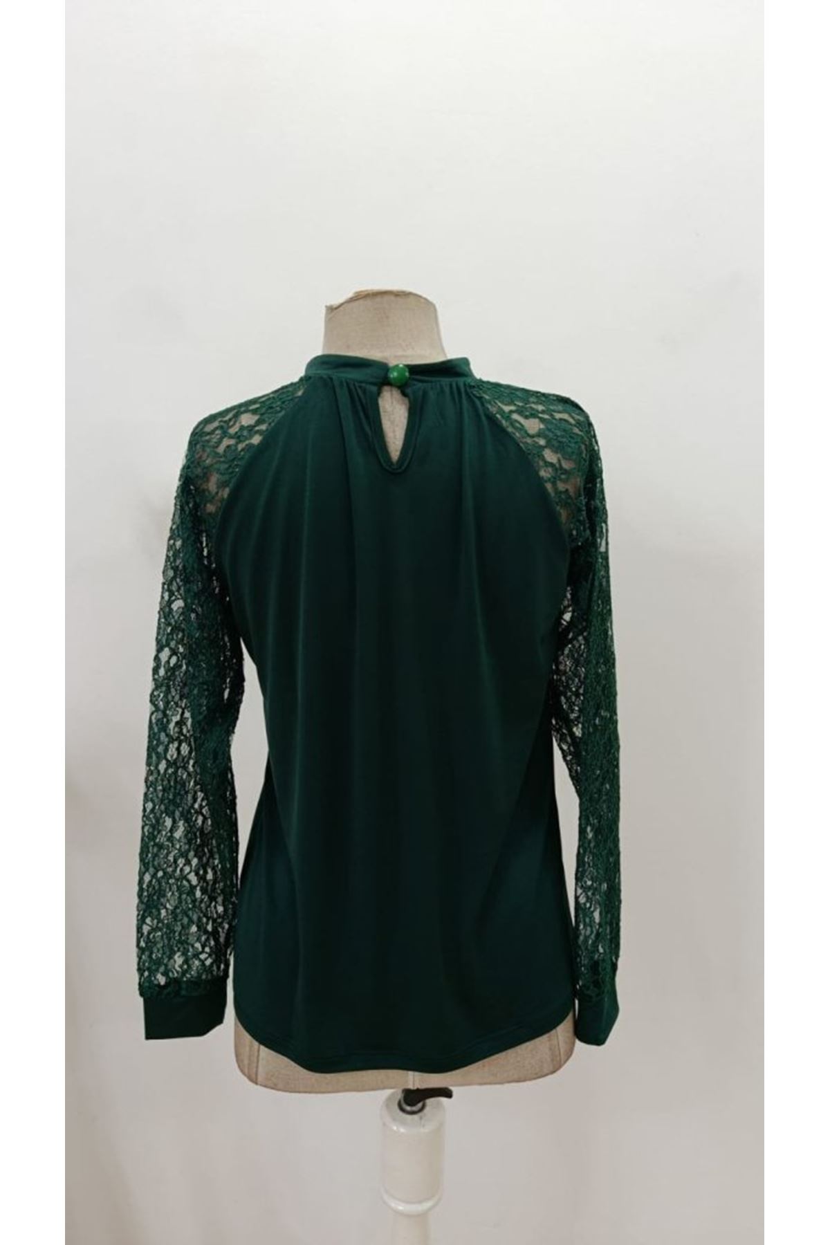 Kadın Uzun Dantel Kollu Yuvarlak Yakalı Sandy Bluz