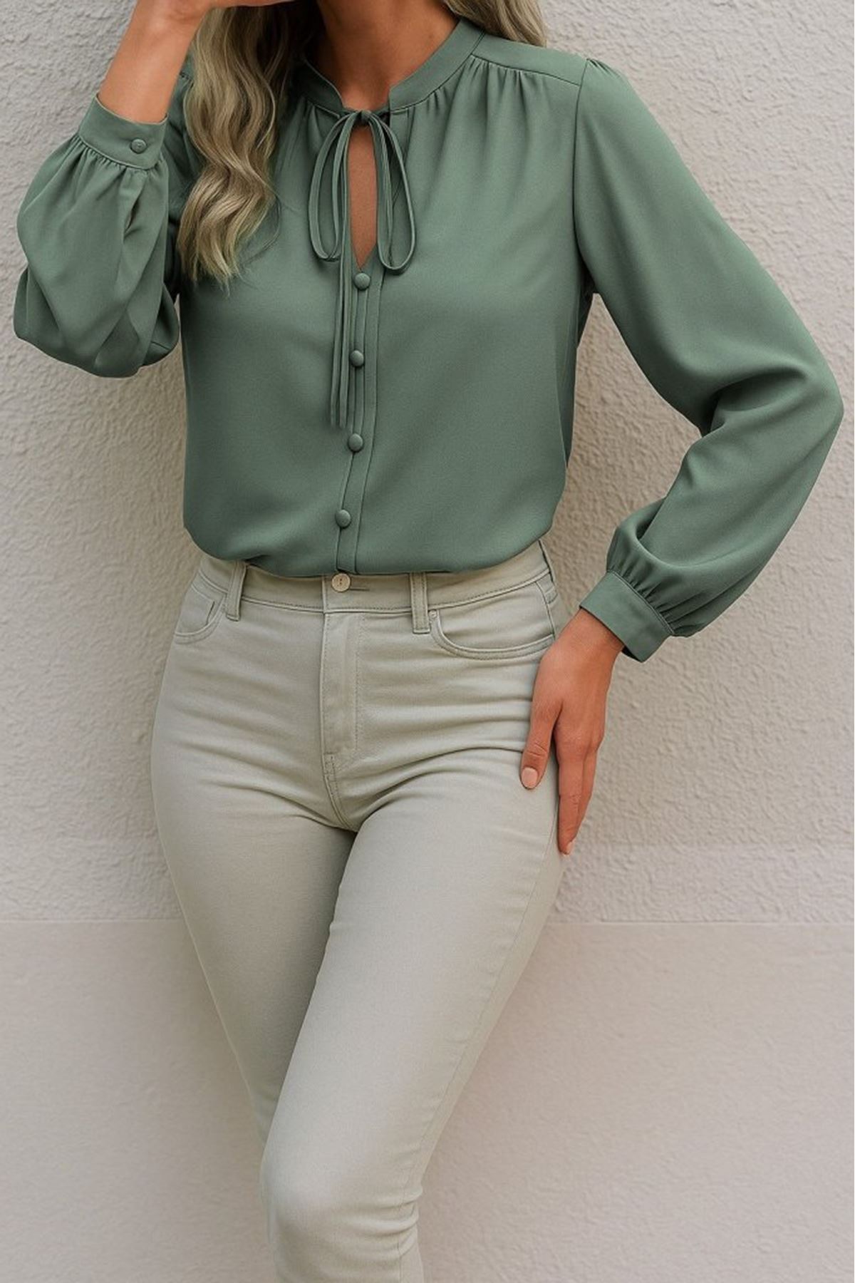 Kadın Uzun Kollu Yakalı Yakadan Bağcıklı Düğmeli Sandy Bluz