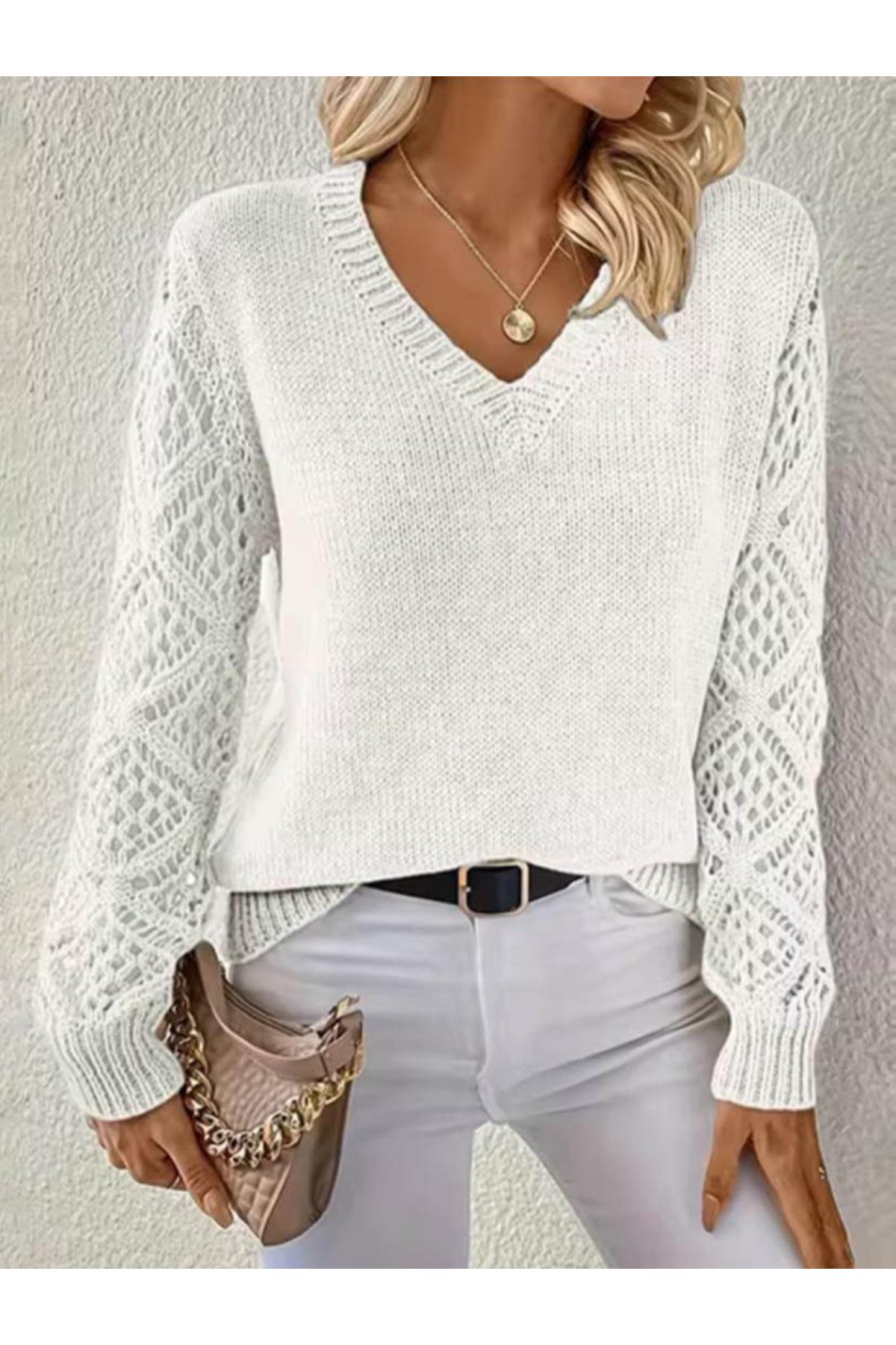 Kadın Uzun Kollu V Yaka Kol Delikli Baklava Desen Detaylı Triko Kazak