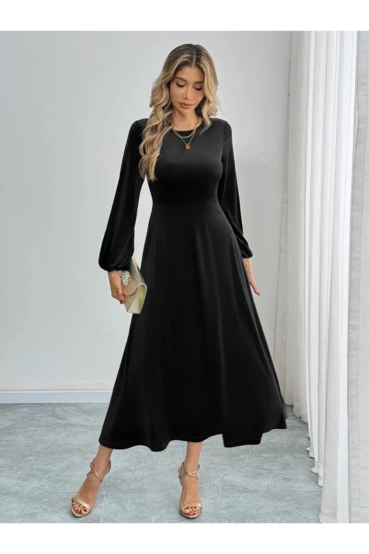 Kadın Uzun Kollu Bisiklet Yaka Midi Kadife Elbise