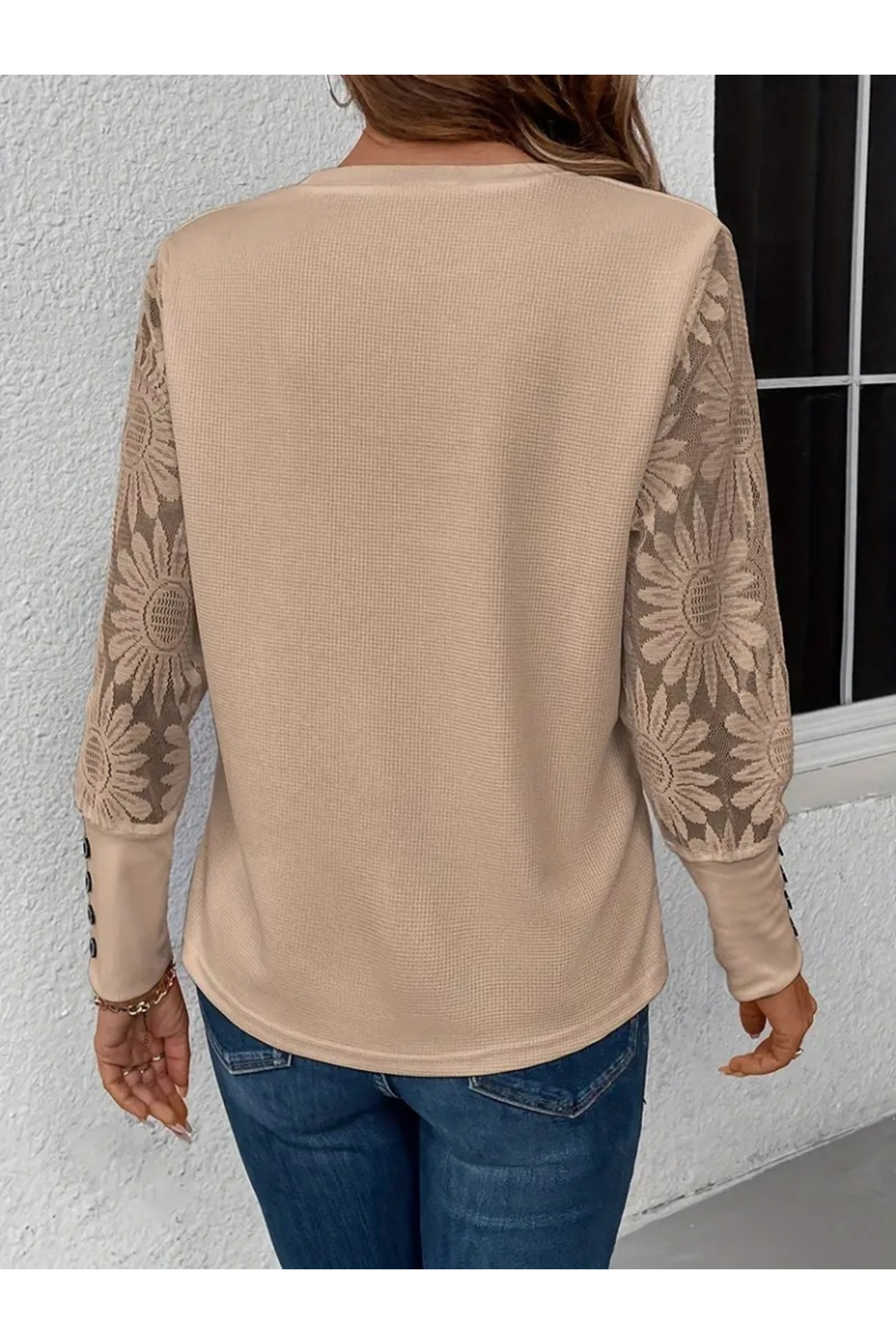 Kadın Uzun Kollu Bisiklet Yaka Kolları çiçekli Waffle Bluz
