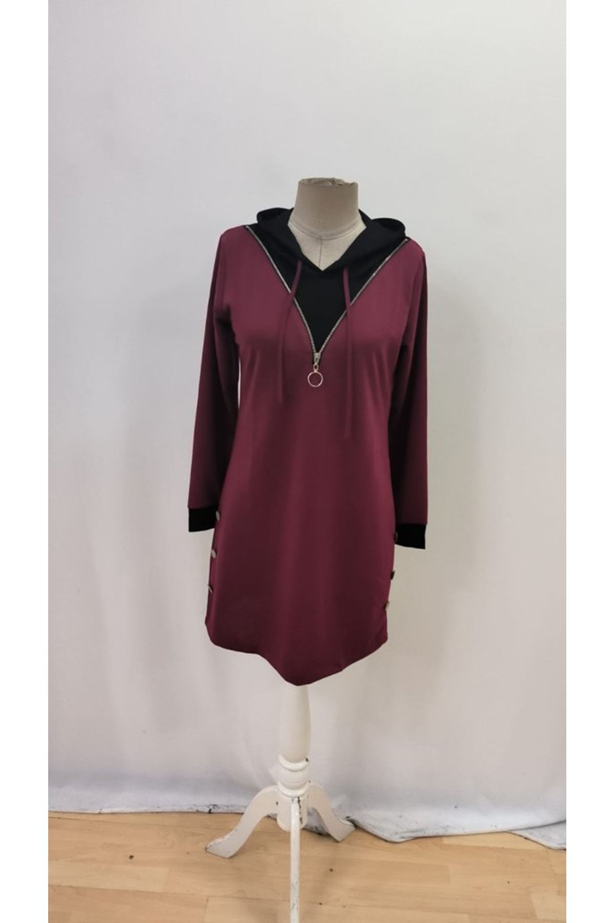 Kadın Uzun Kollu Kapşonlu önden Fermuarlı Düğmeli Mini Iki Iplik Elbise