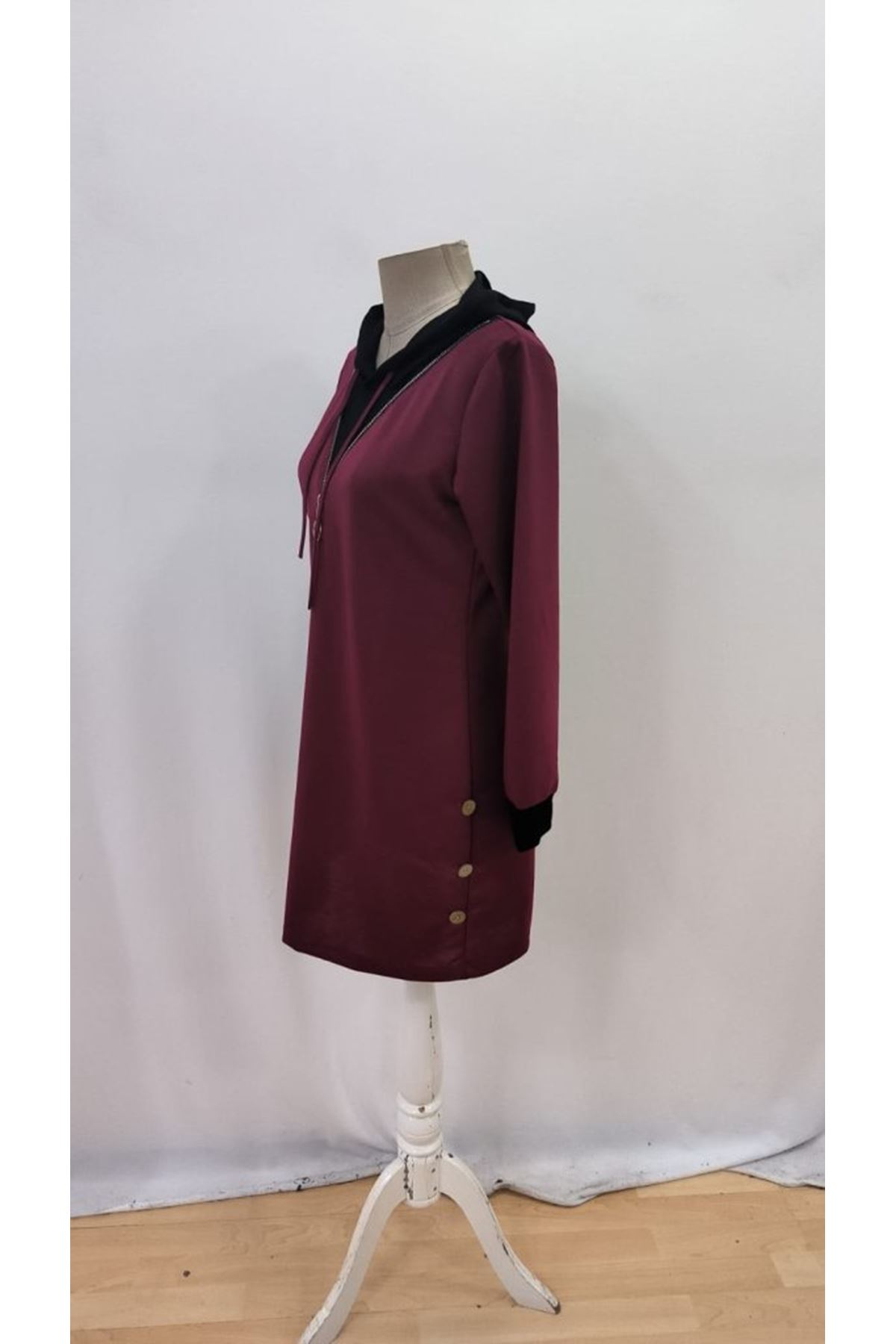 Kadın Uzun Kollu Kapşonlu önden Fermuarlı Düğmeli Mini Iki Iplik Elbise