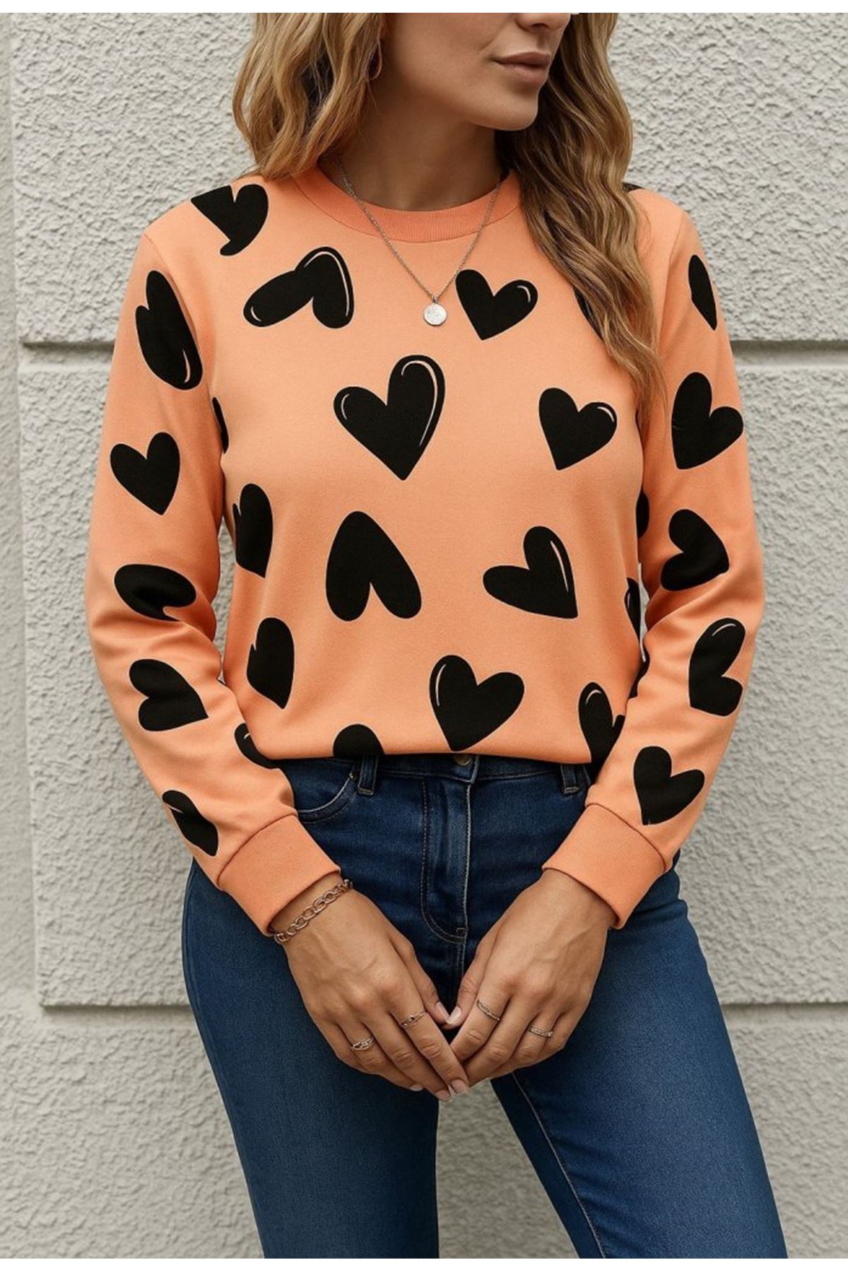 Kadın Uzun Kollu Bisiklet Yaka Kalp Desenli Iki Iplik Bluz