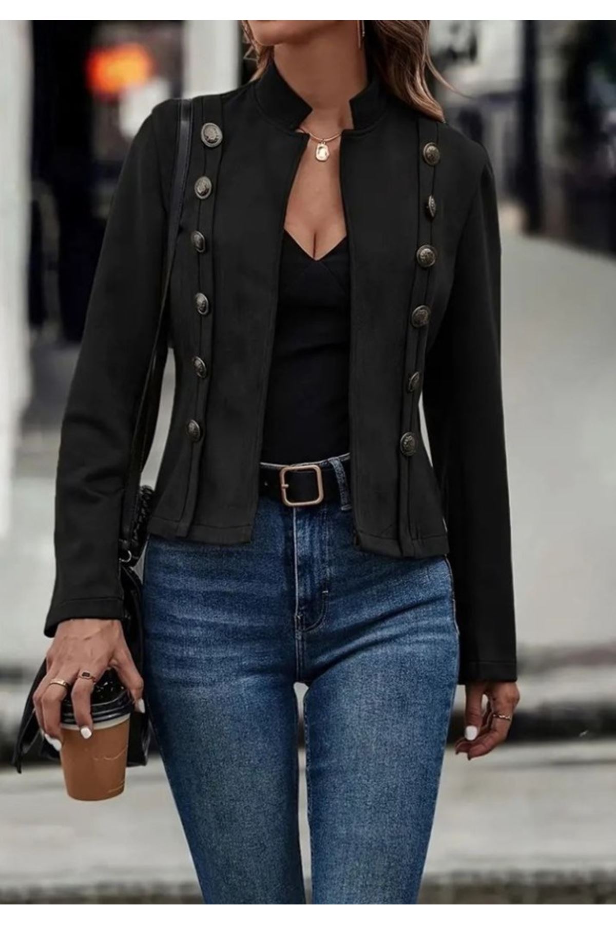 Kadın Uzun Kollu Hakim Yaka Yanlardan Düğmeli Kısa Süet Ceket